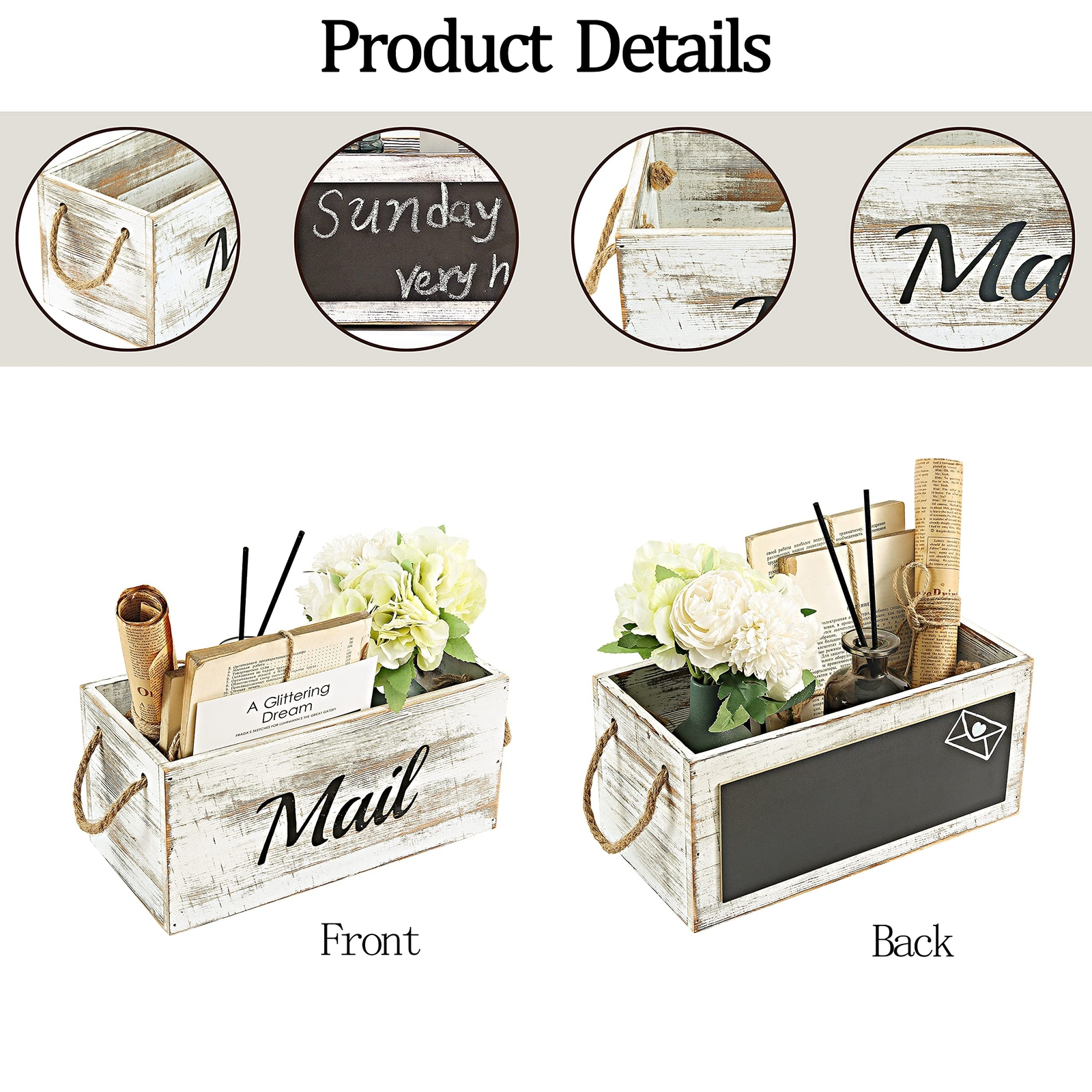 Rustic Wood Mail Holder Box Letter Organizer Chalkboard Handles Desk White