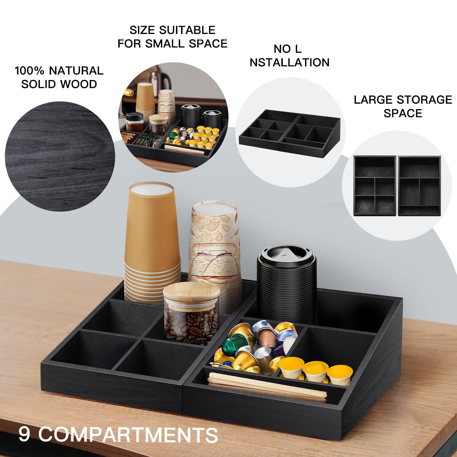 MINCORD Coffee Station Organizer Condiment Service Tray with 9 Black