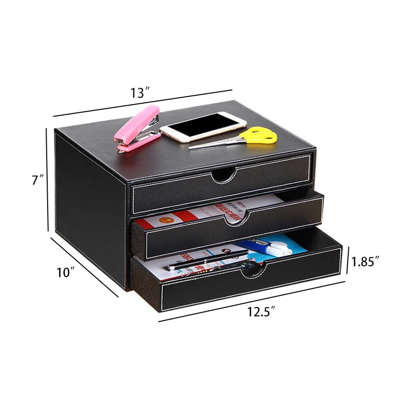 Ayunga Leather Desk Organizer with 3 Drawers, Executive Office Supplies Black