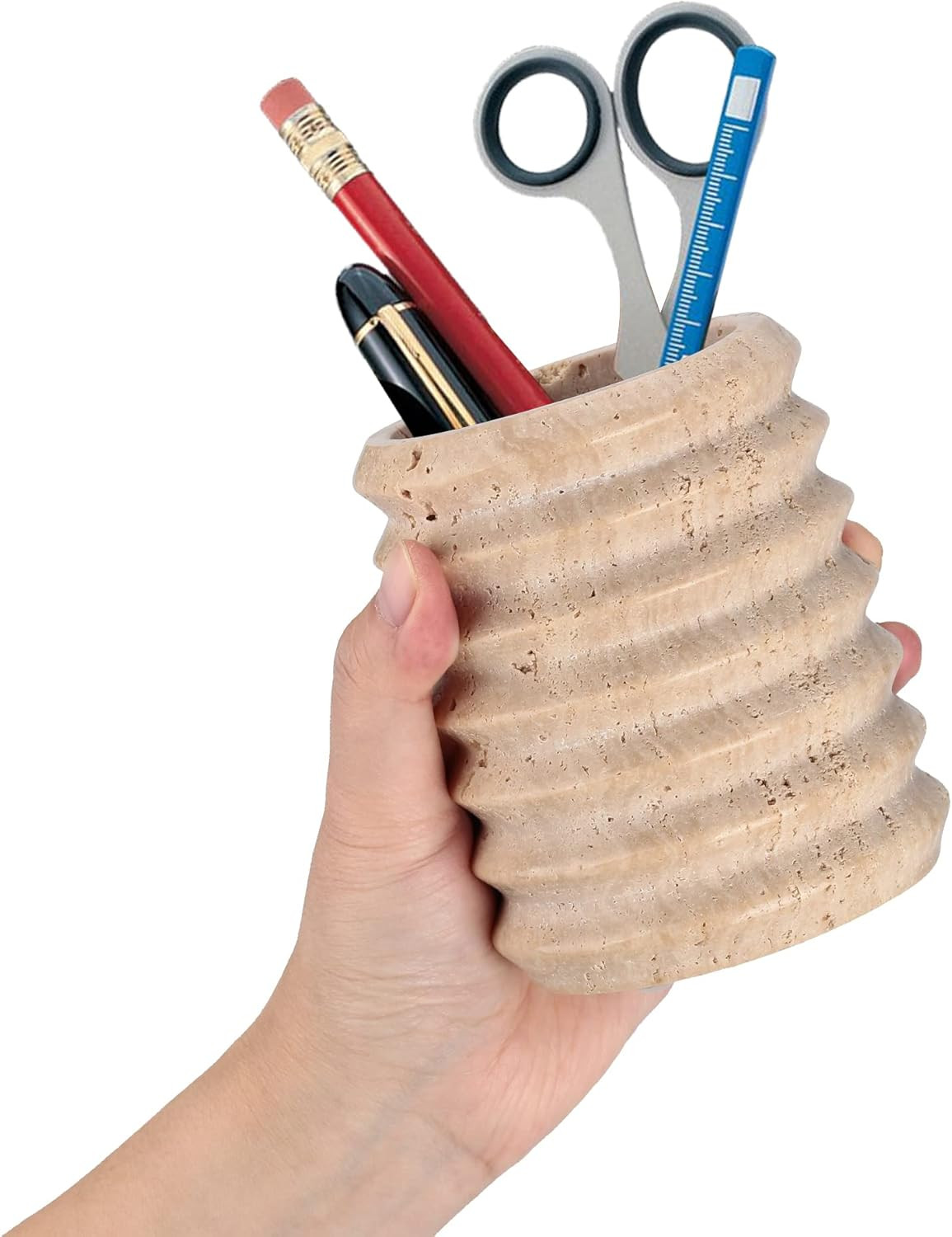 Pen Holder Stand for Desk, Natural Travertine Stone Makeup Brush Holders, Modern