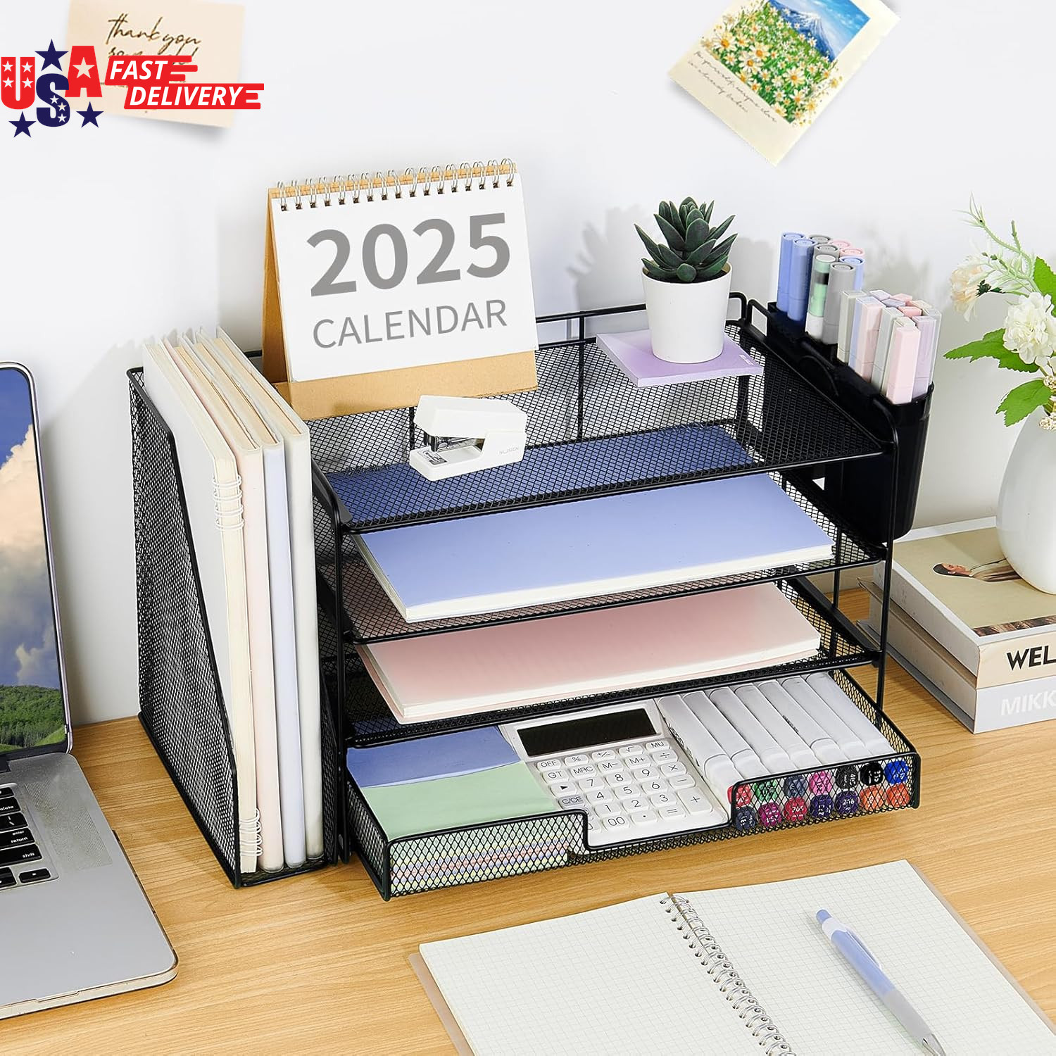 Desk Organizer, 4-Tier Desktop File Organizer with Drawer and 2 Pen Holders, Off