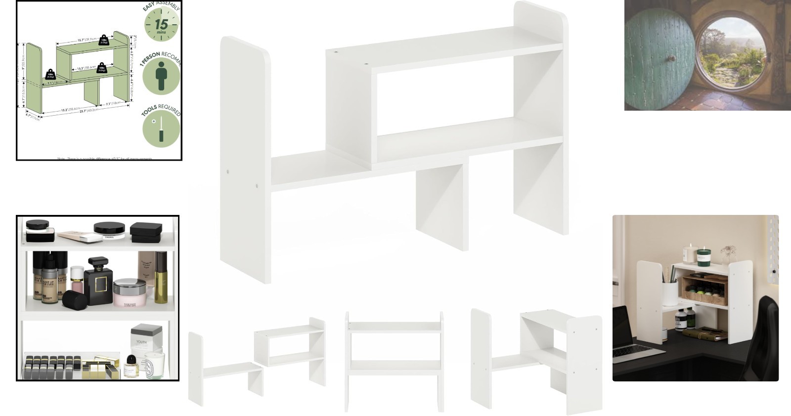 23.7-Inch White Adjustable Desktop Bookshelf Organizer for Workspace Elegance