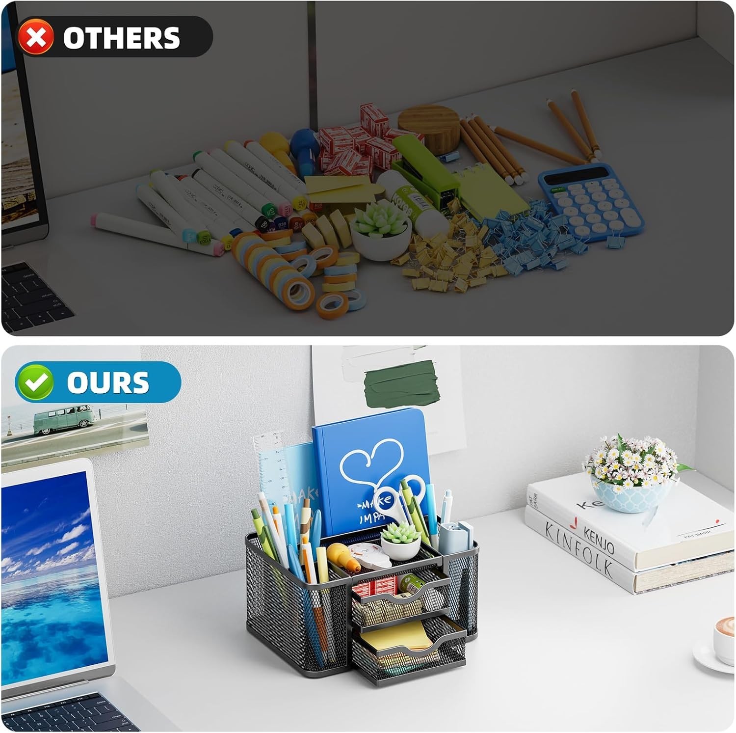 Mesh Desk Organizer, Pen Organizer with 2 Drawer, Multi-Functional Pencil Hol…