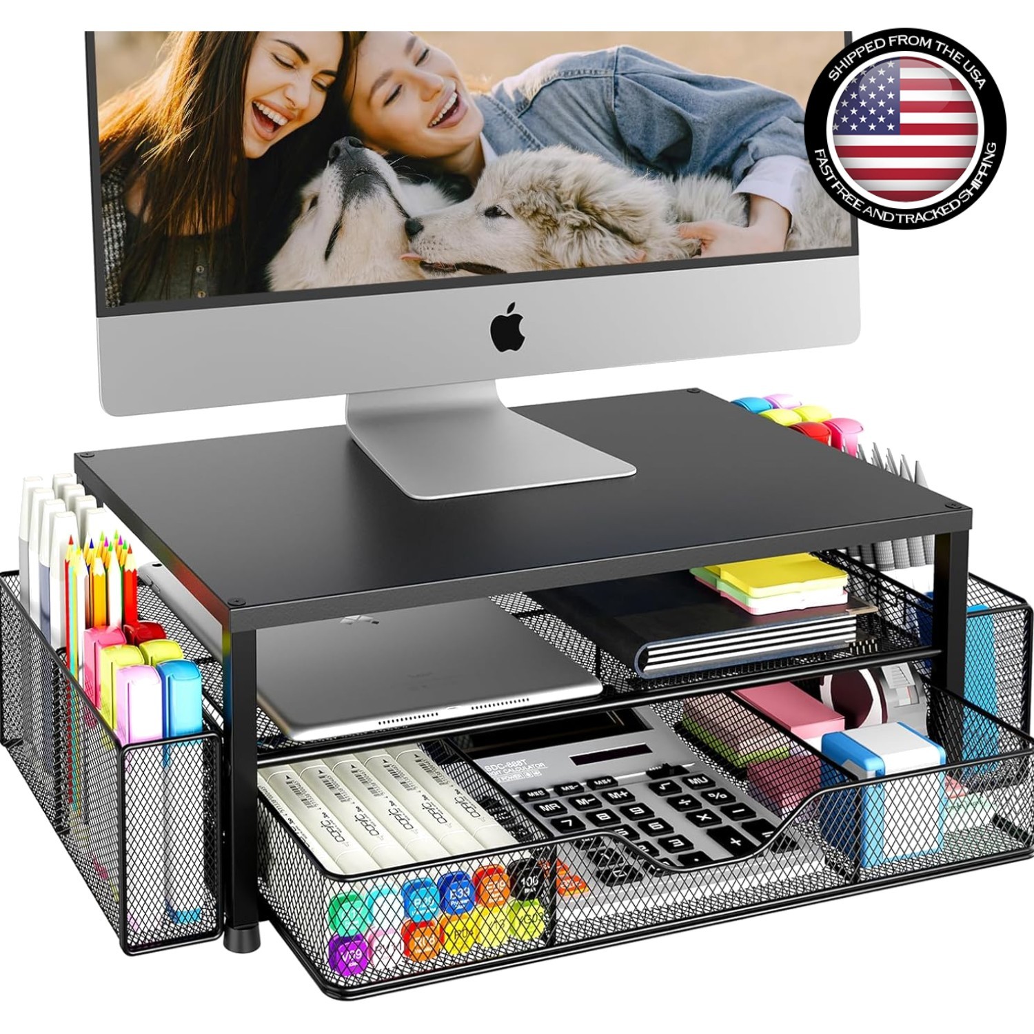 Space-Saving Ergonomic Monitor Stand with Adjustable Drawer & 2 Pen Holders