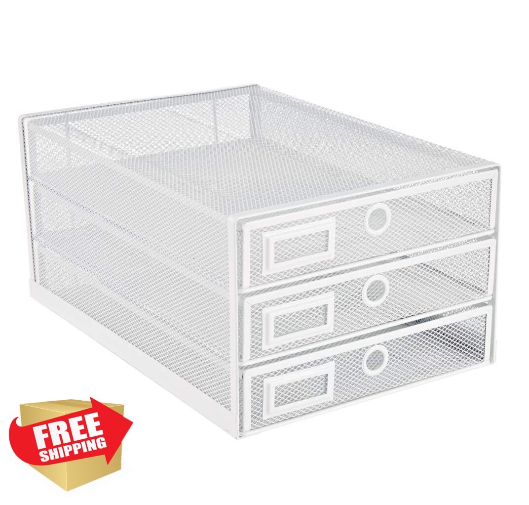 Annova 3 Tier Desk Organizer White Sliding Drawers