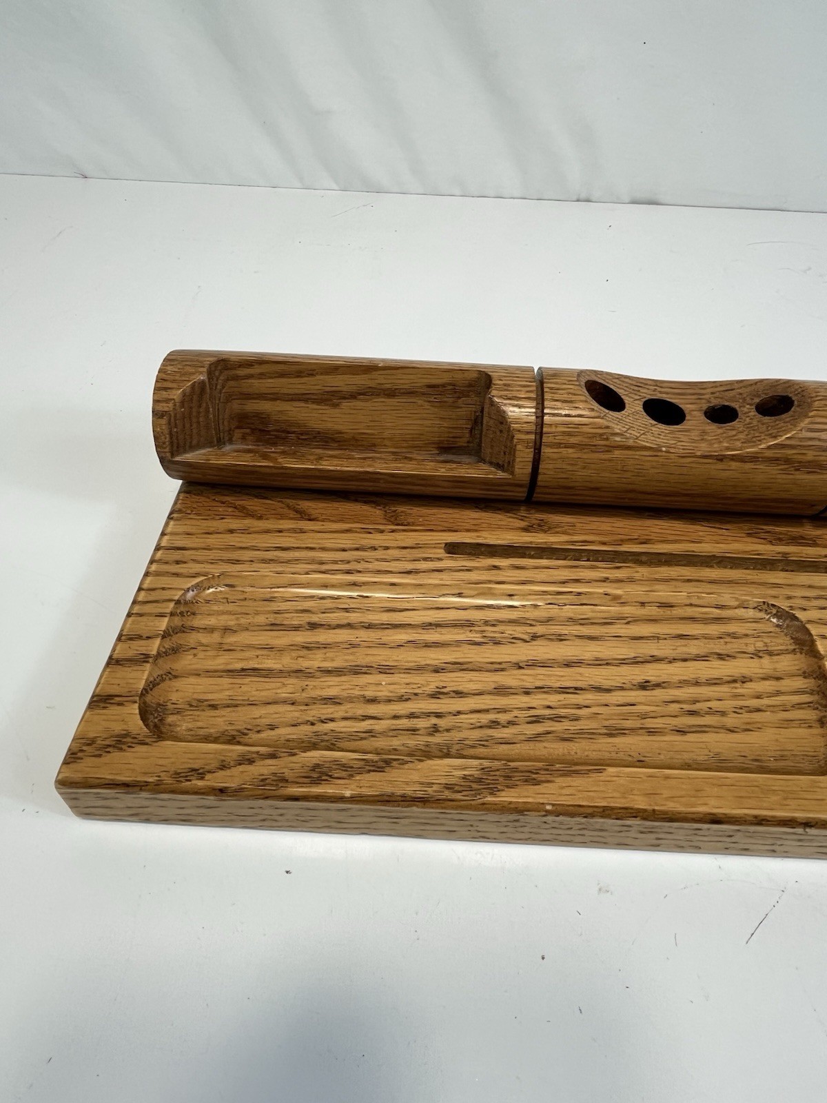 Wooden Desk Organizer 14″ x 8″ Oak Heavy MCM Business Cards Pencils Notes