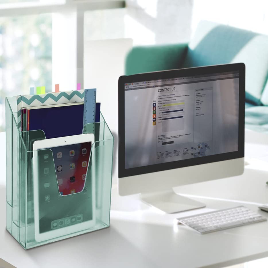 Vertical Triple File Folder Holder Organizer Plastic Clear Green Sorter Desk