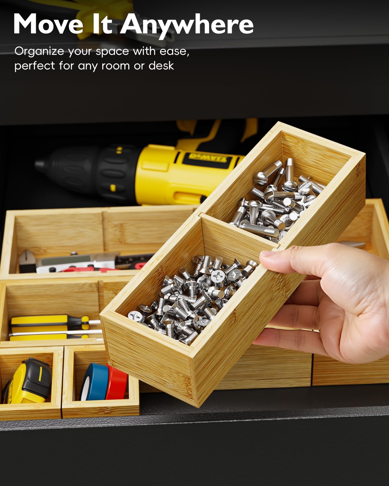 VA1KENE Bamboo Drawer Organizer Set, 6 PCS Desk 12 Compartments,