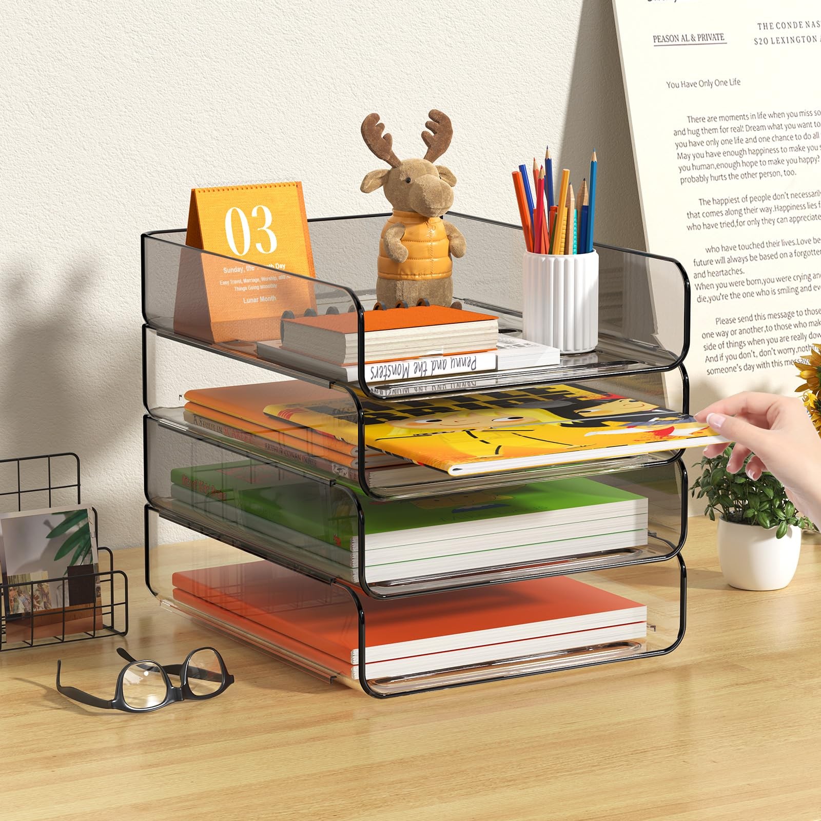 FANXIYQ 4-Tier Acrylic Paper Tray Organizer, Clear & Brown Stackable Desk Org…