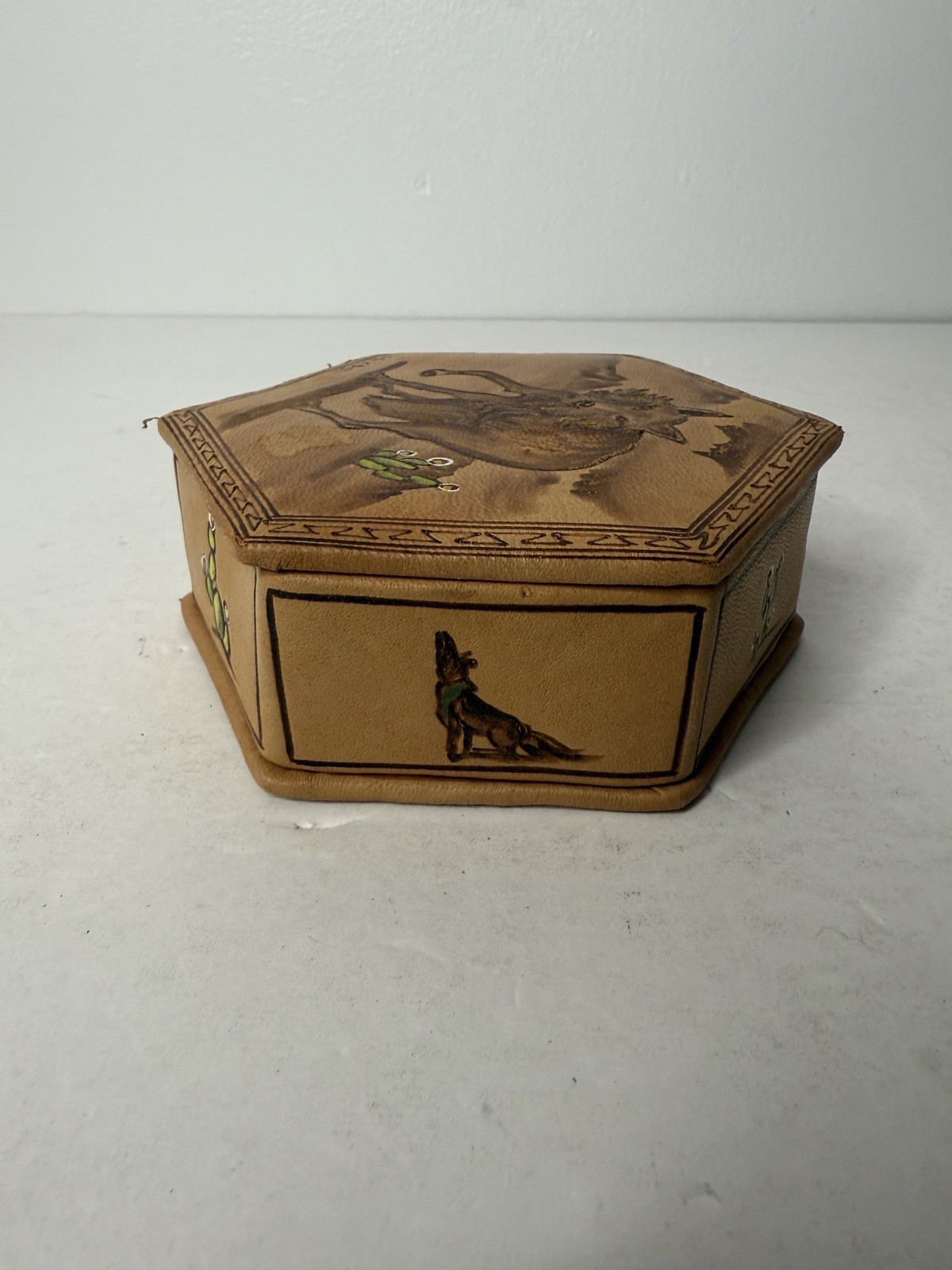 Vintage Faux Leather Hexagon Storage Jewelry Box Red Felt Texas Coyote Handmade