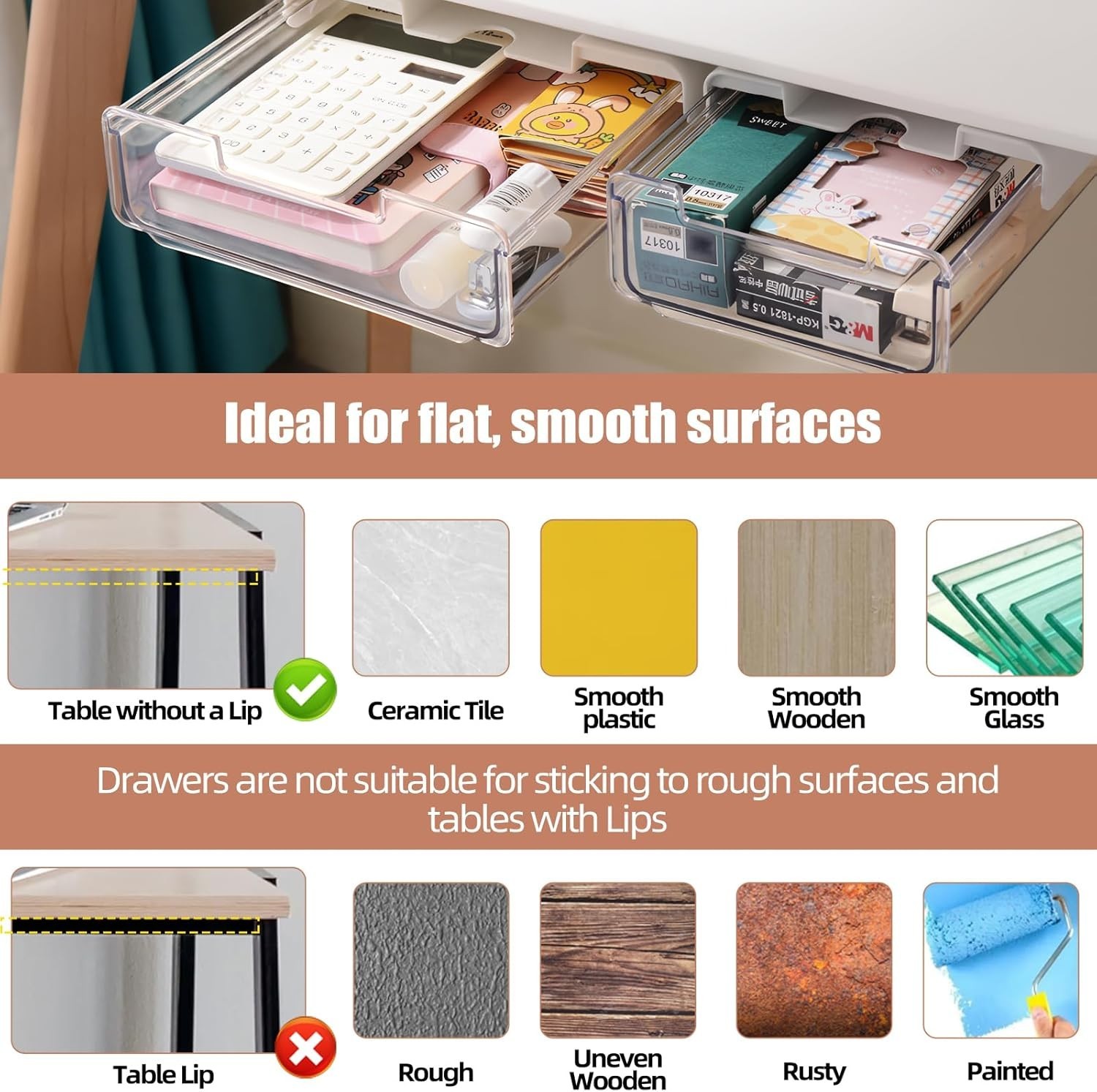 2 Pack Under Desk Storage Drawers Slide Out-Drill-On or Self-Adhesive,Large&M…