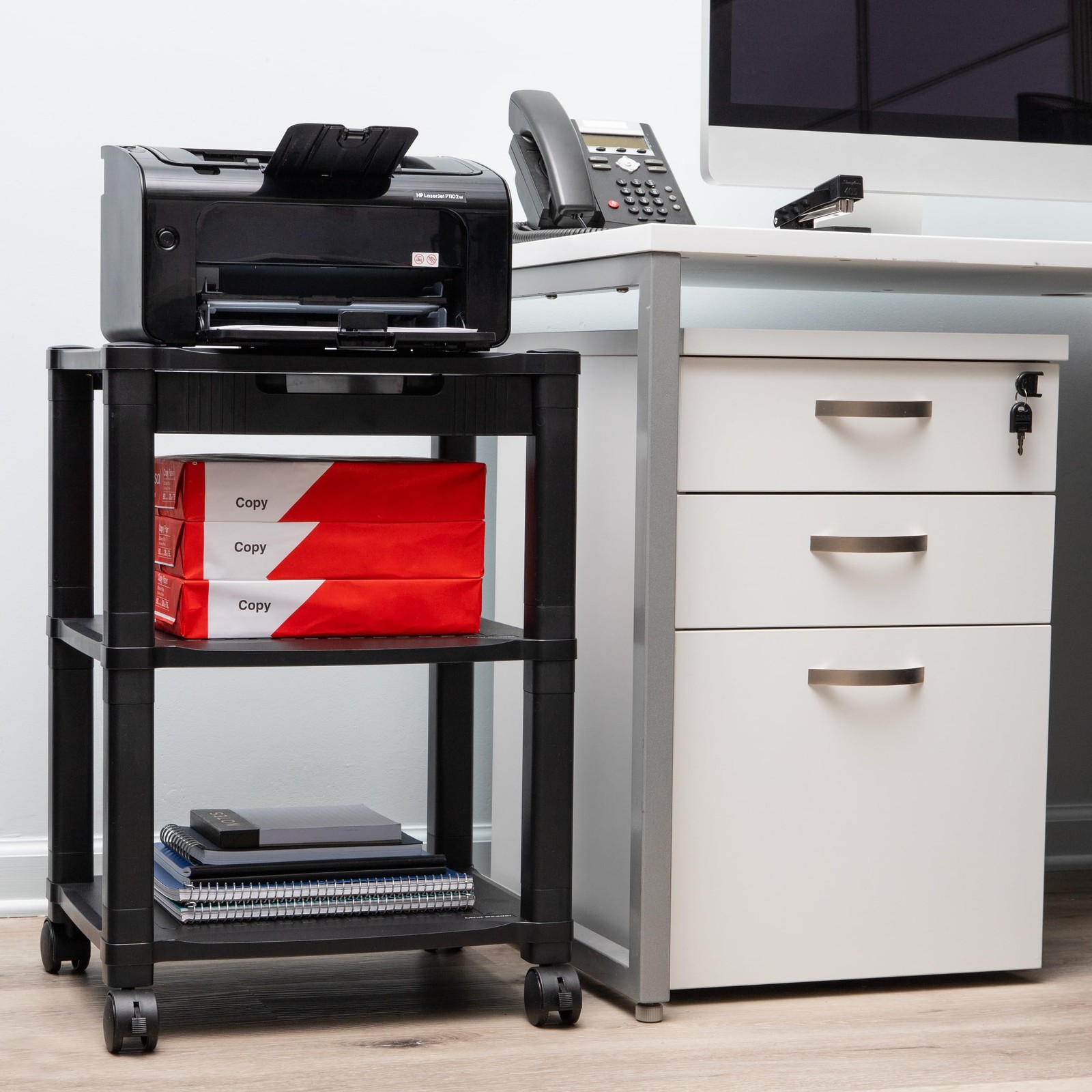 Mind Reader Compact Rolling Printer Cart, 17.25″L x 13.5″W x 24.5″H, Black