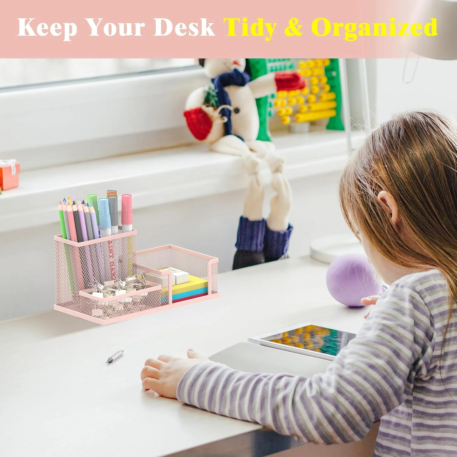 Mesh Pen Holder Desk Organizer, Office Supplies Pencil Storage with 3 Compartmen