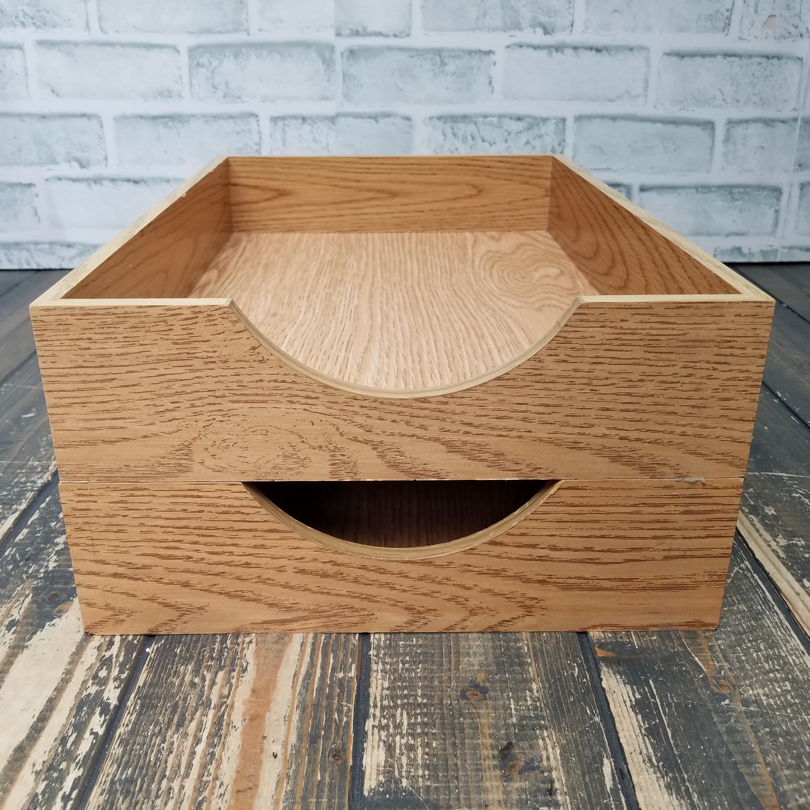 LOT 2 Vintage Wood Desk LEGAL Organizer Tray Wood Office In Out Box