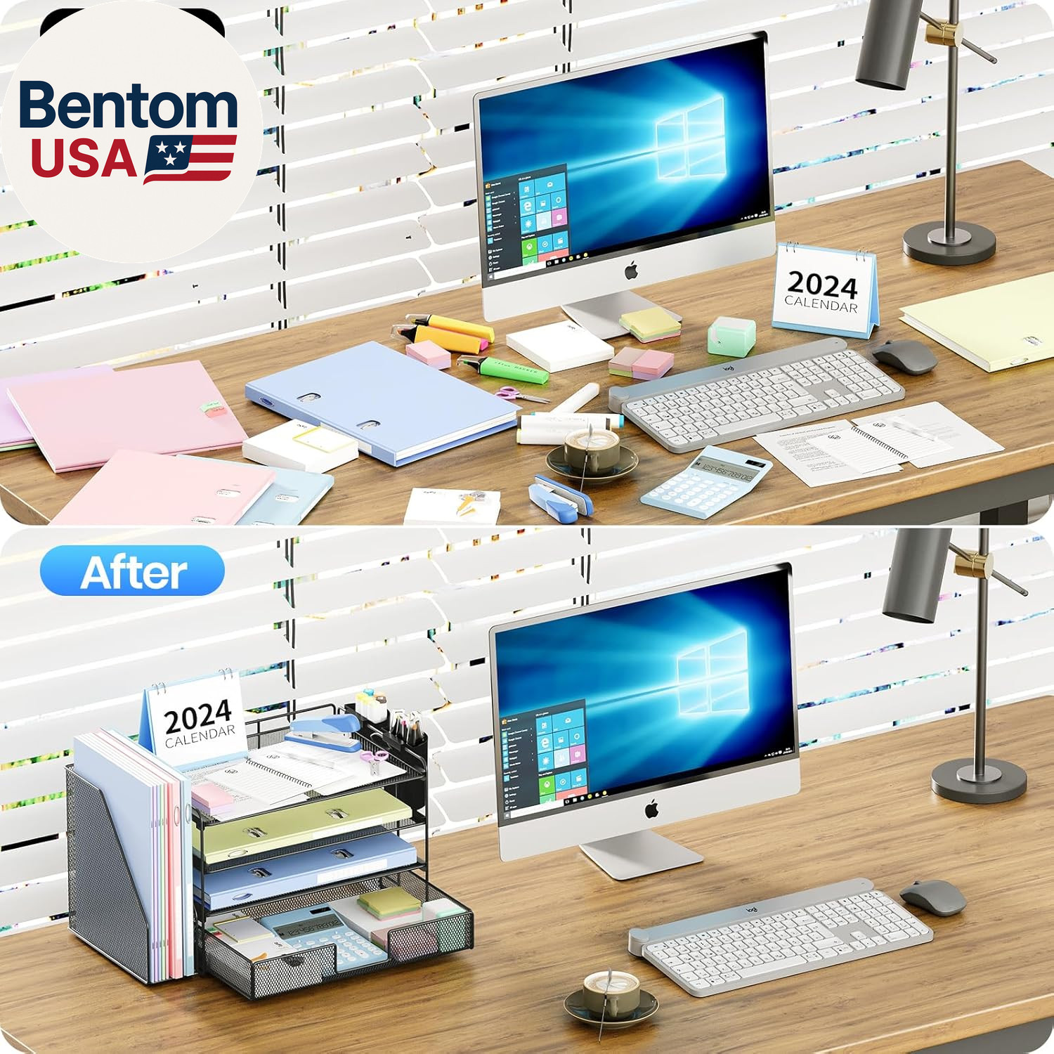 Desk Organizer, 4-Tier Desktop File Organizer with Drawer and 2 Pen Holders, Off