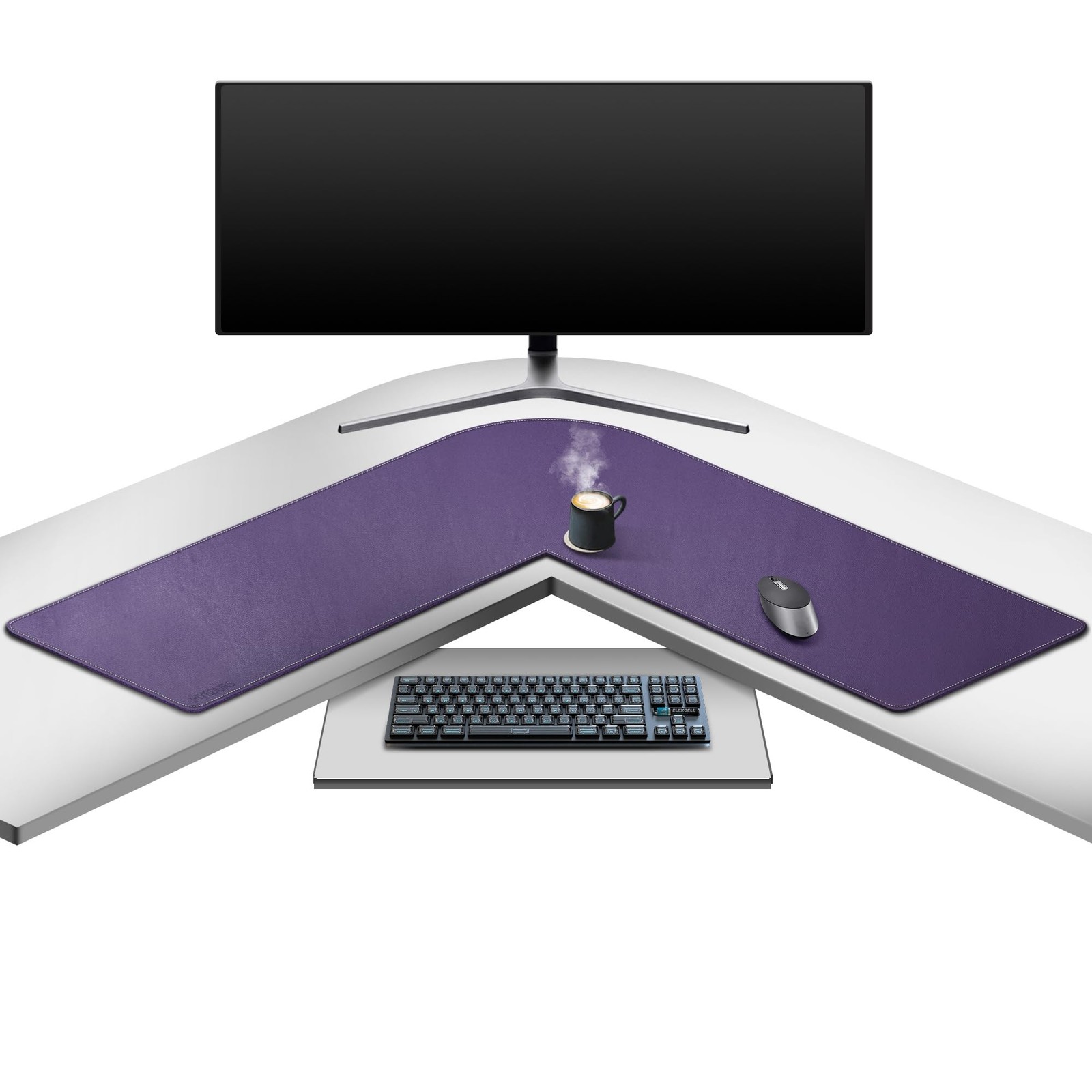 Mydours L Shaped Desk Mat, (38″+38) x 13″ Large PU Leather 38″ x 38″, Purple