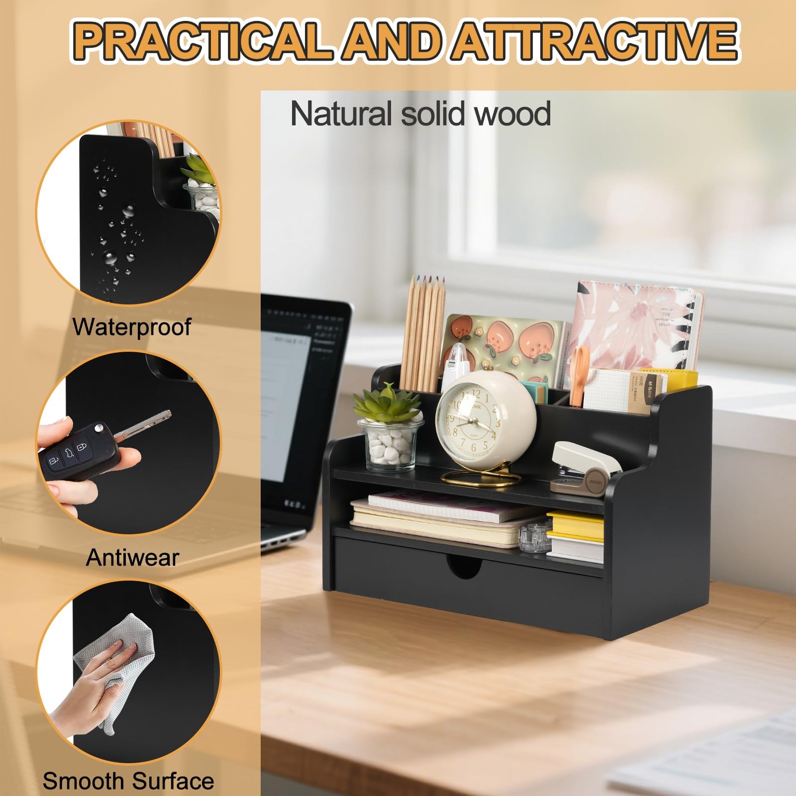 Mail Organizer Countertop, 4 Slots Desk Organizer with Drawer and Shelf, Wood…