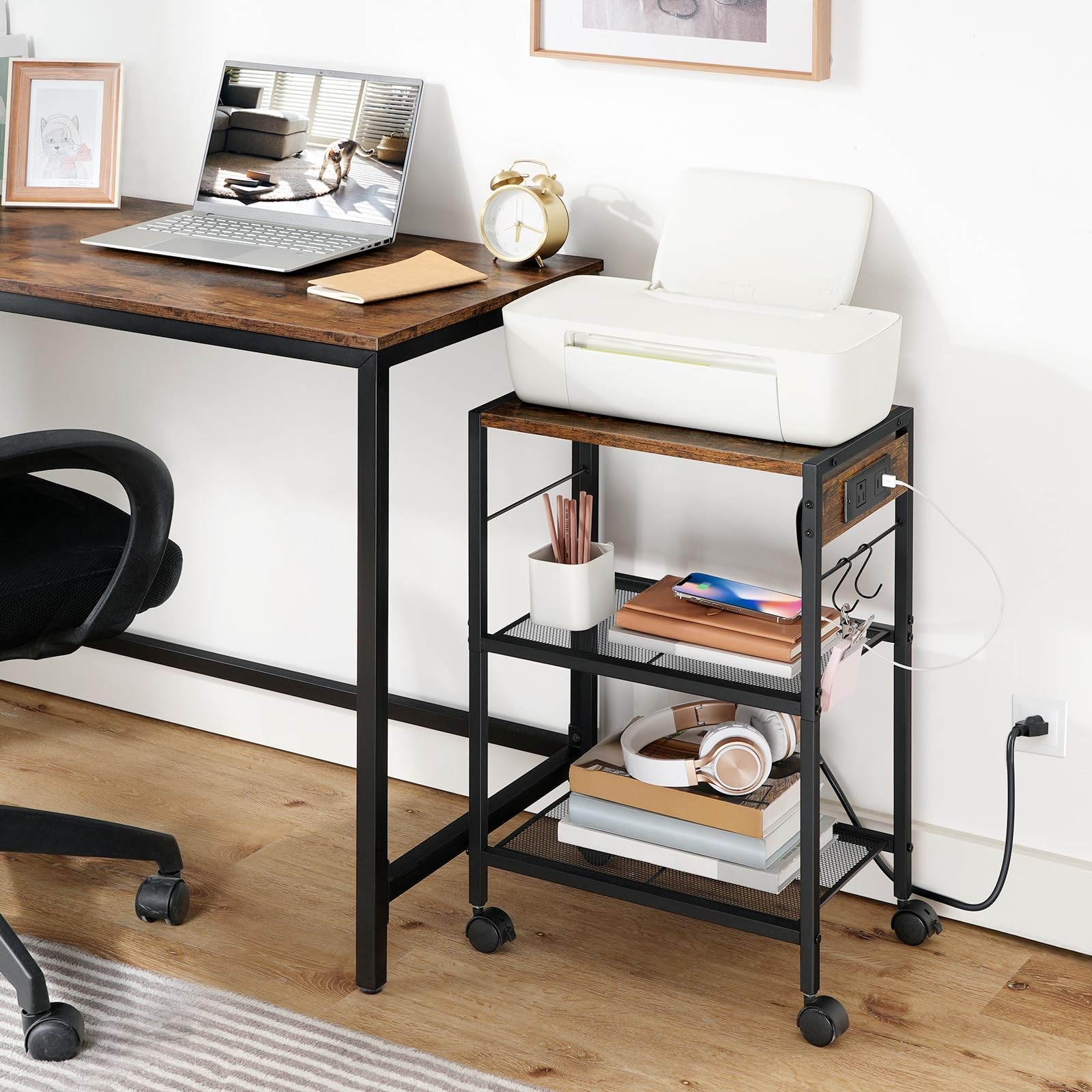HOOBRO Industrial Printer Stand, 16.5” x 11”x 25.2”, Rustic Brown + Black