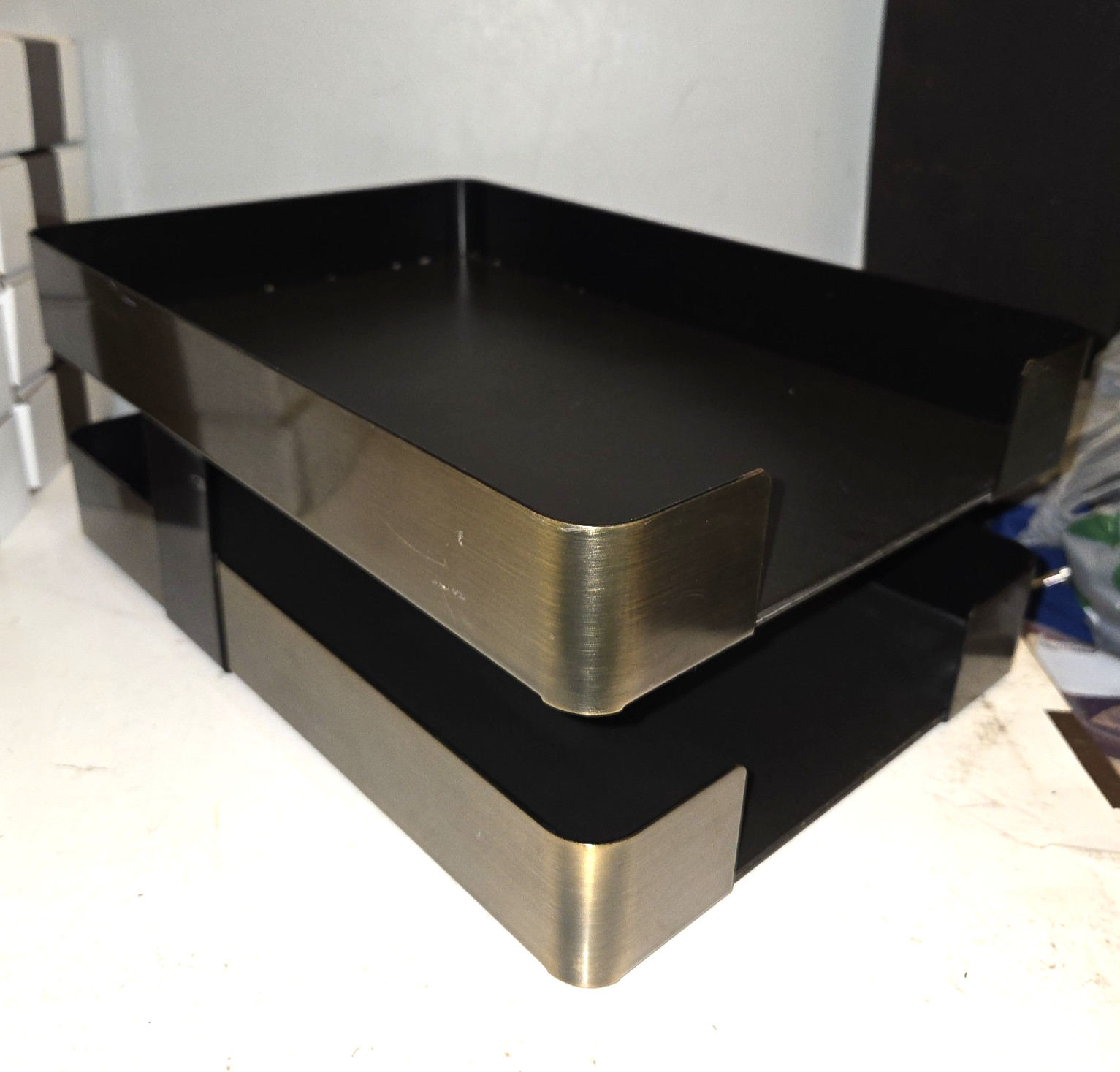 Smokador Double Letter Tray Desk Organizer Modernist Rectangular Brass/Black