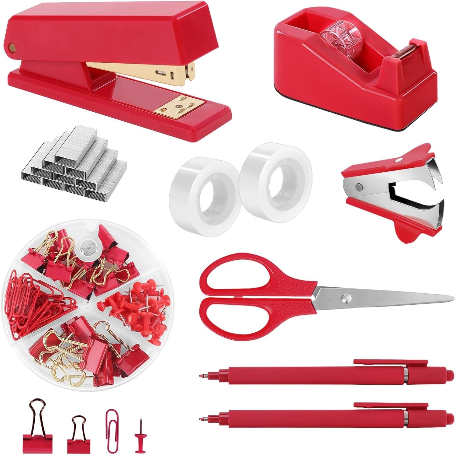 Red Office Supplies Set, Desk Accessories, Stapler, Tape Dispenser, Scissors,…