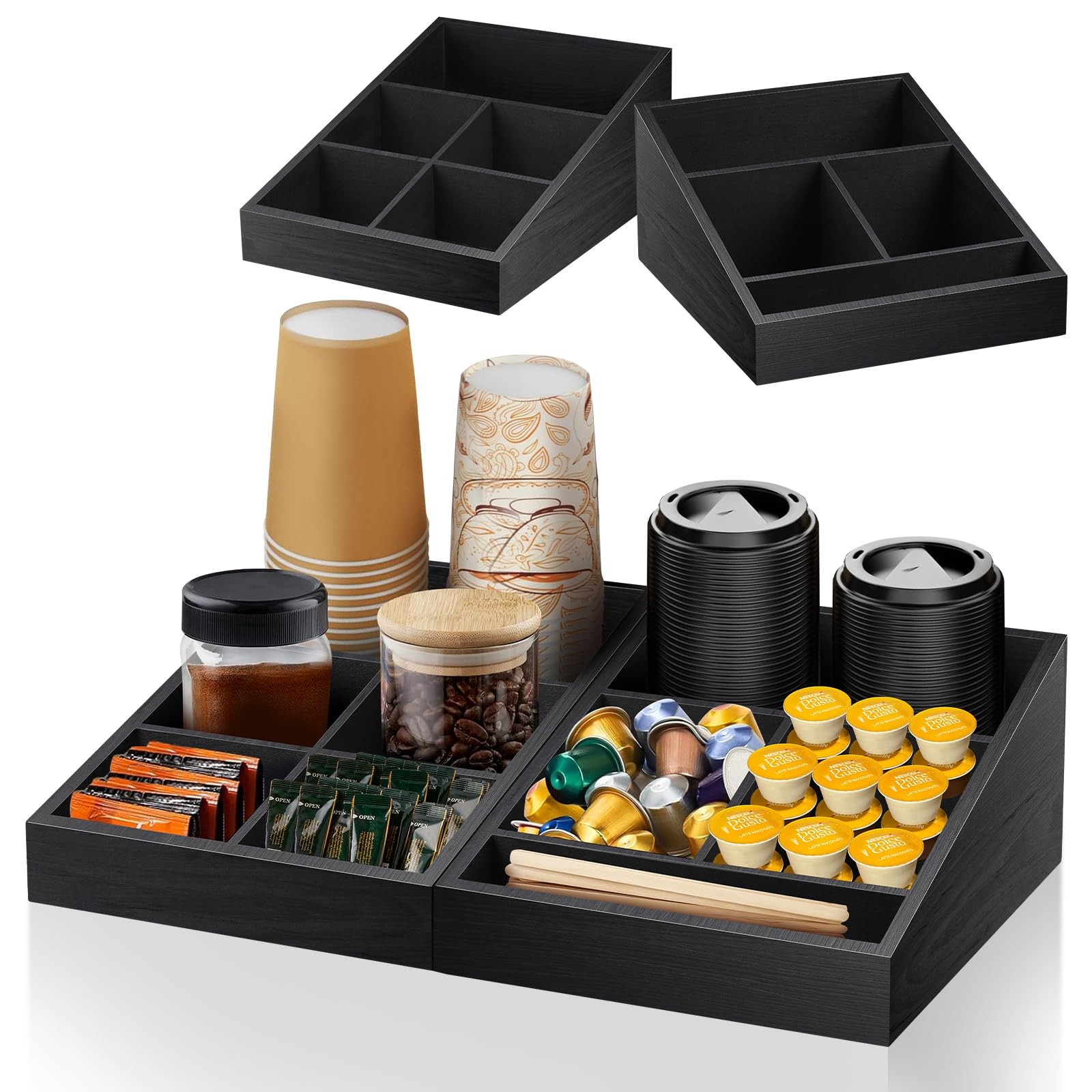 MINCORD Coffee Station Organizer Condiment Service Tray with 9 Black