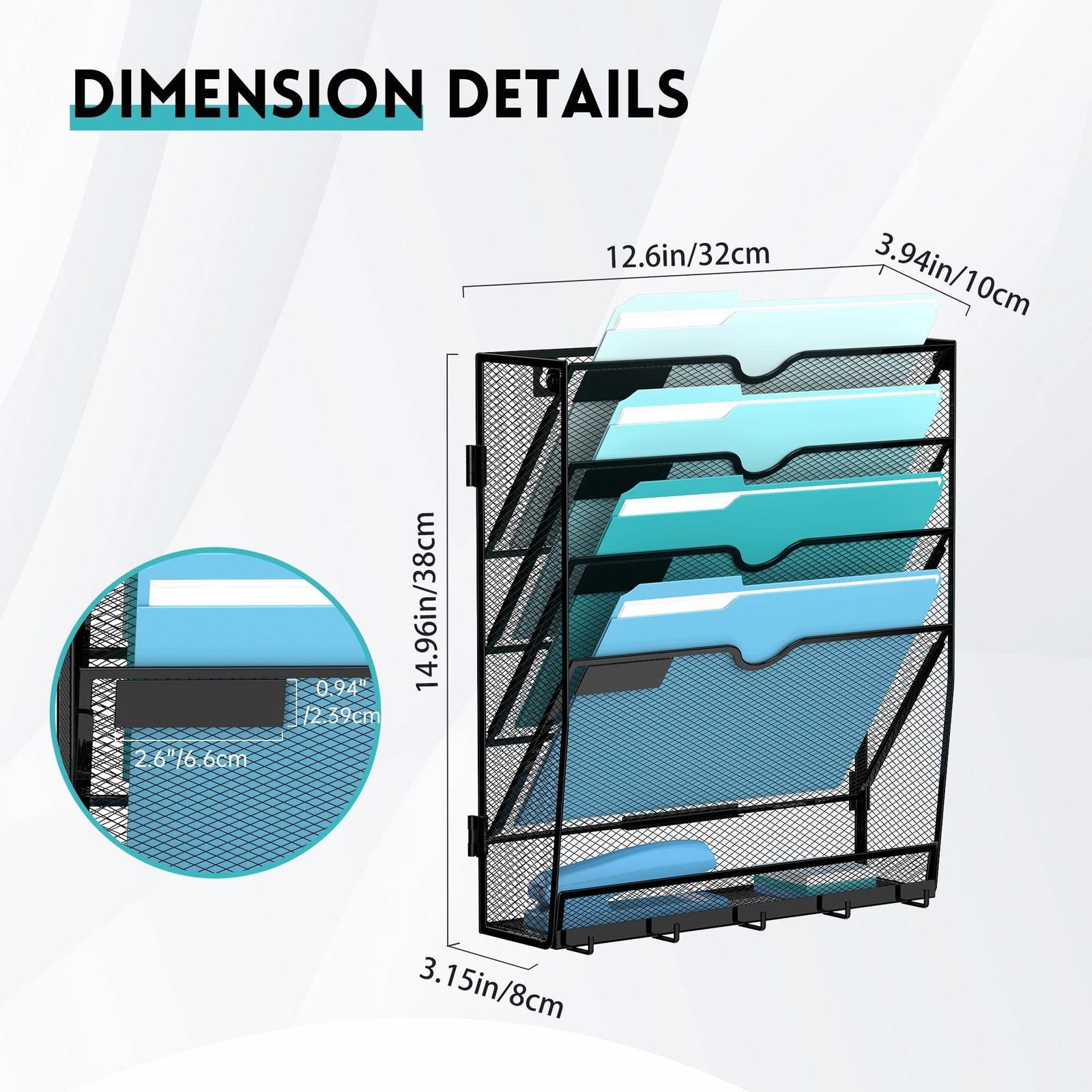 5 Tier Wall File Organizer – Hanging File Organizer with 5 Hooks, Mail Holder Wa