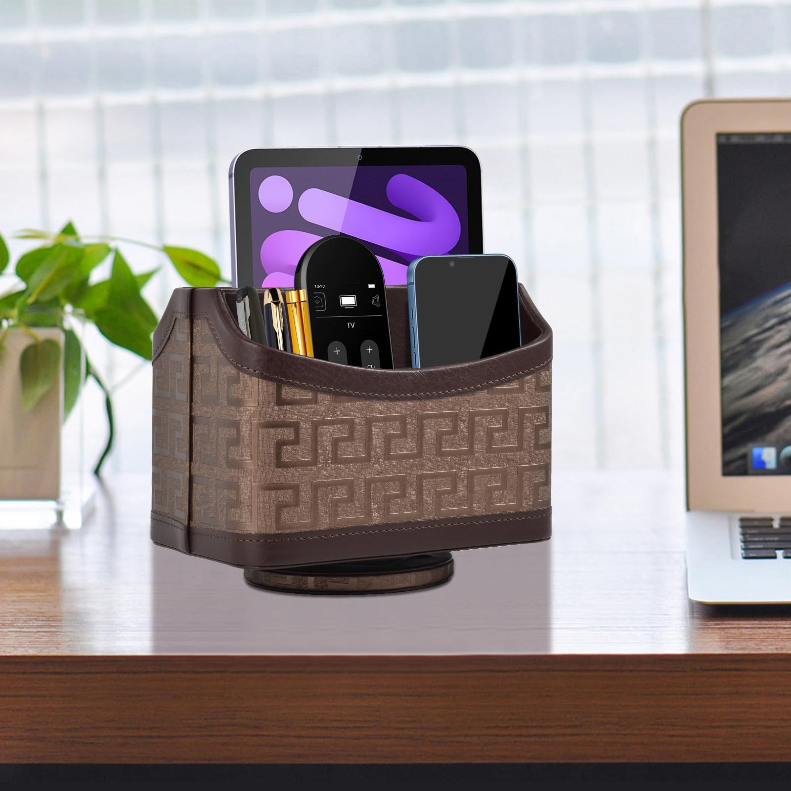 Leather Remote Control Holder 360°Rotatable,Bedside Nightstand Caddy,Office S…