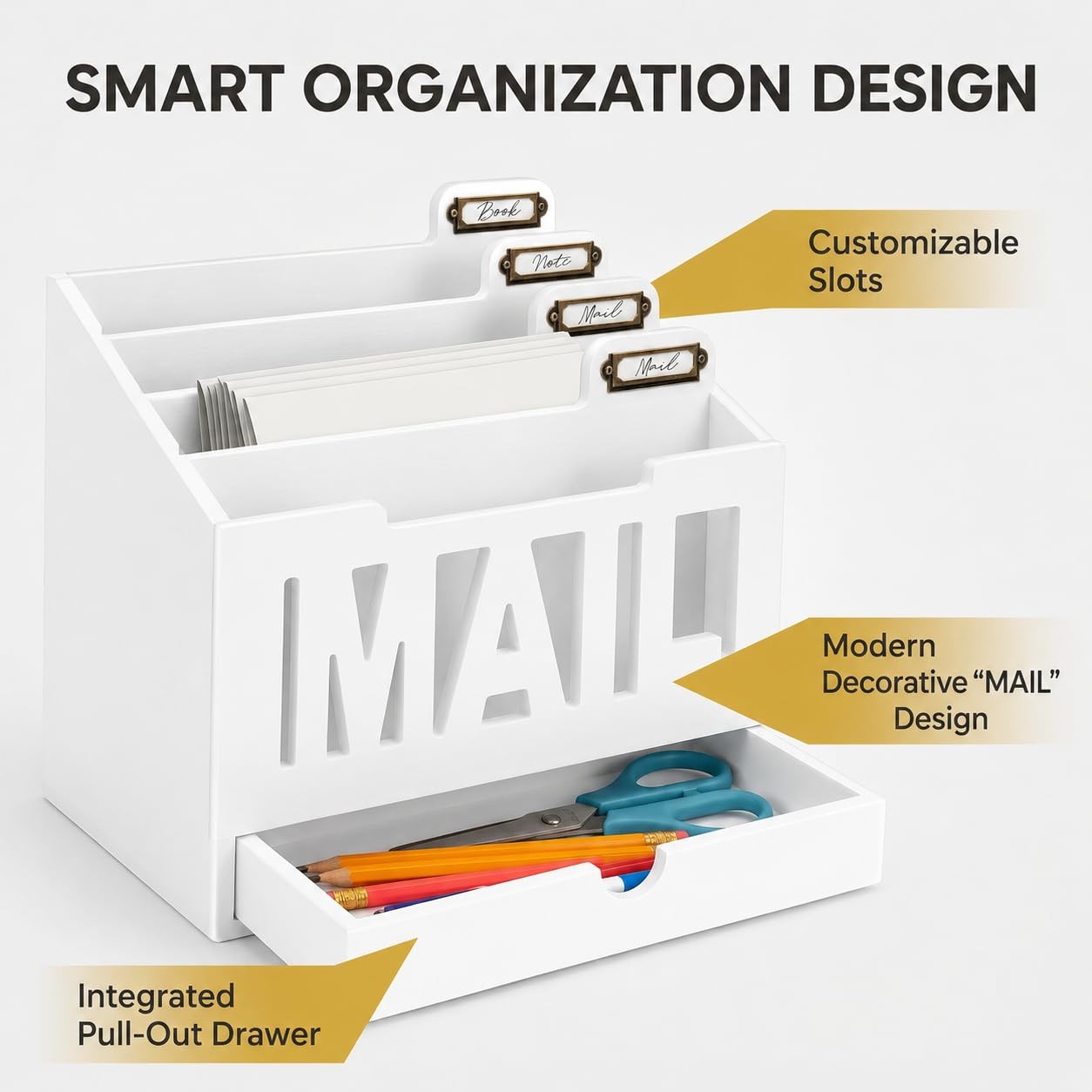 Mail Organizer Countertop, Desktop Sorter with Drawer & Large, White