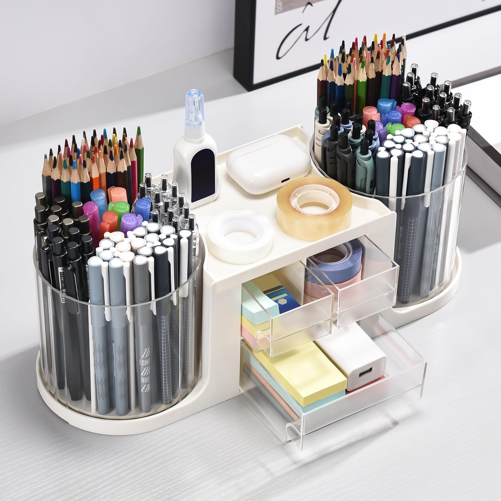 KLIONGO Rotating Desk Organizer with 2 Pen Holder, Organizers and White