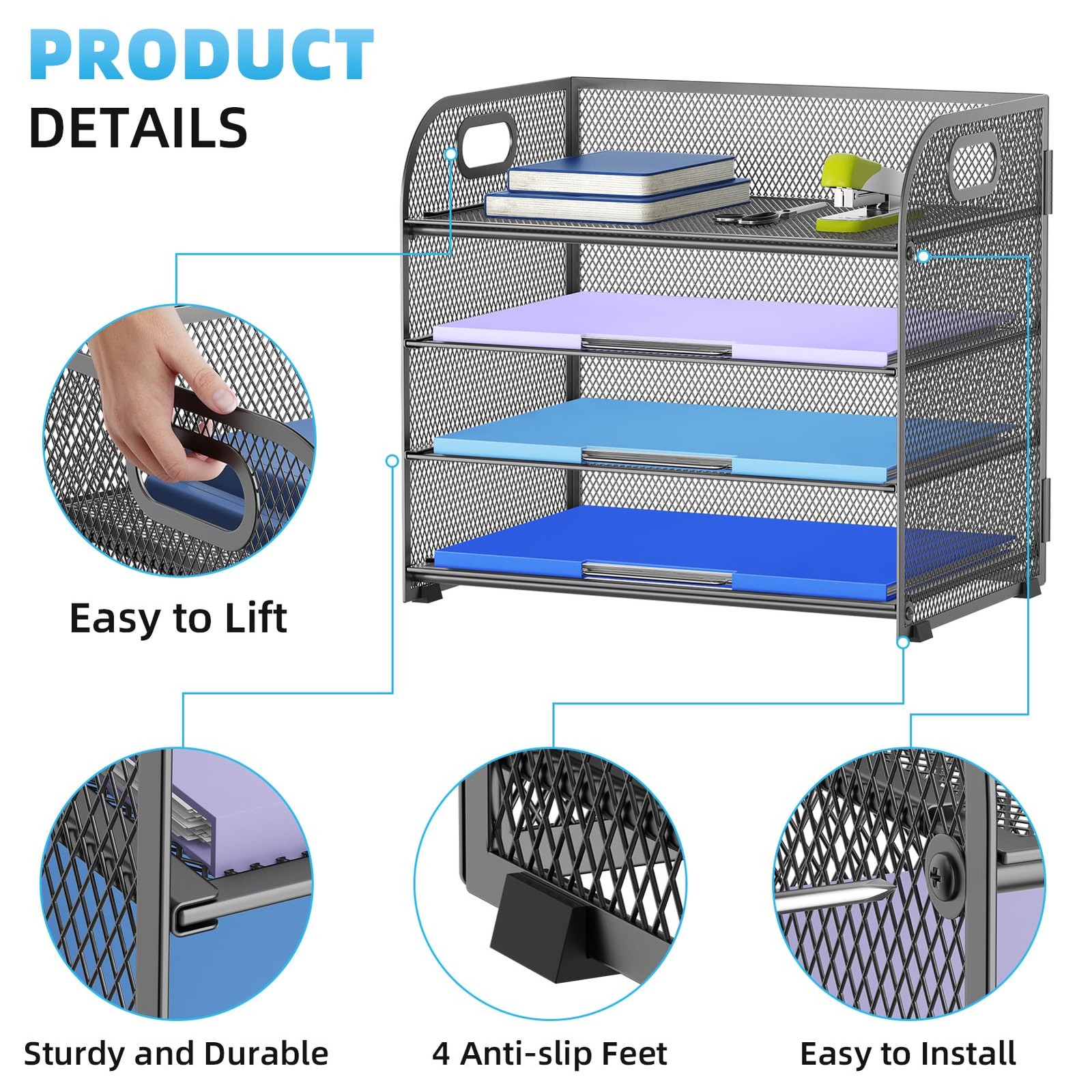 4 Tier Grey Mesh Paper Organizer, 12.6 x 9.1 x 10.7, Handle, File Sorter