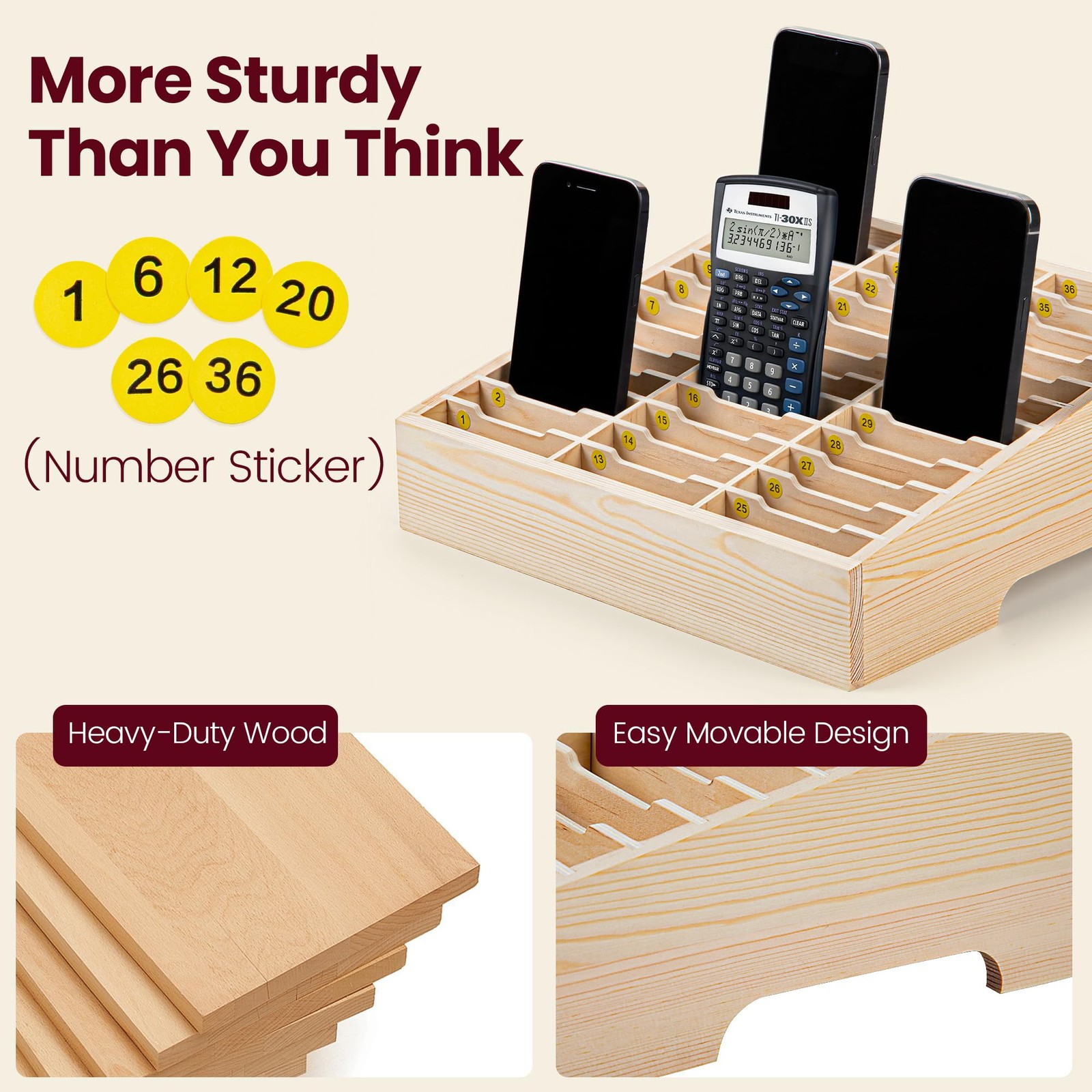 36 Grid Classroom Cell Phone Holder Storage Box Wooden Calculator Caddy Office