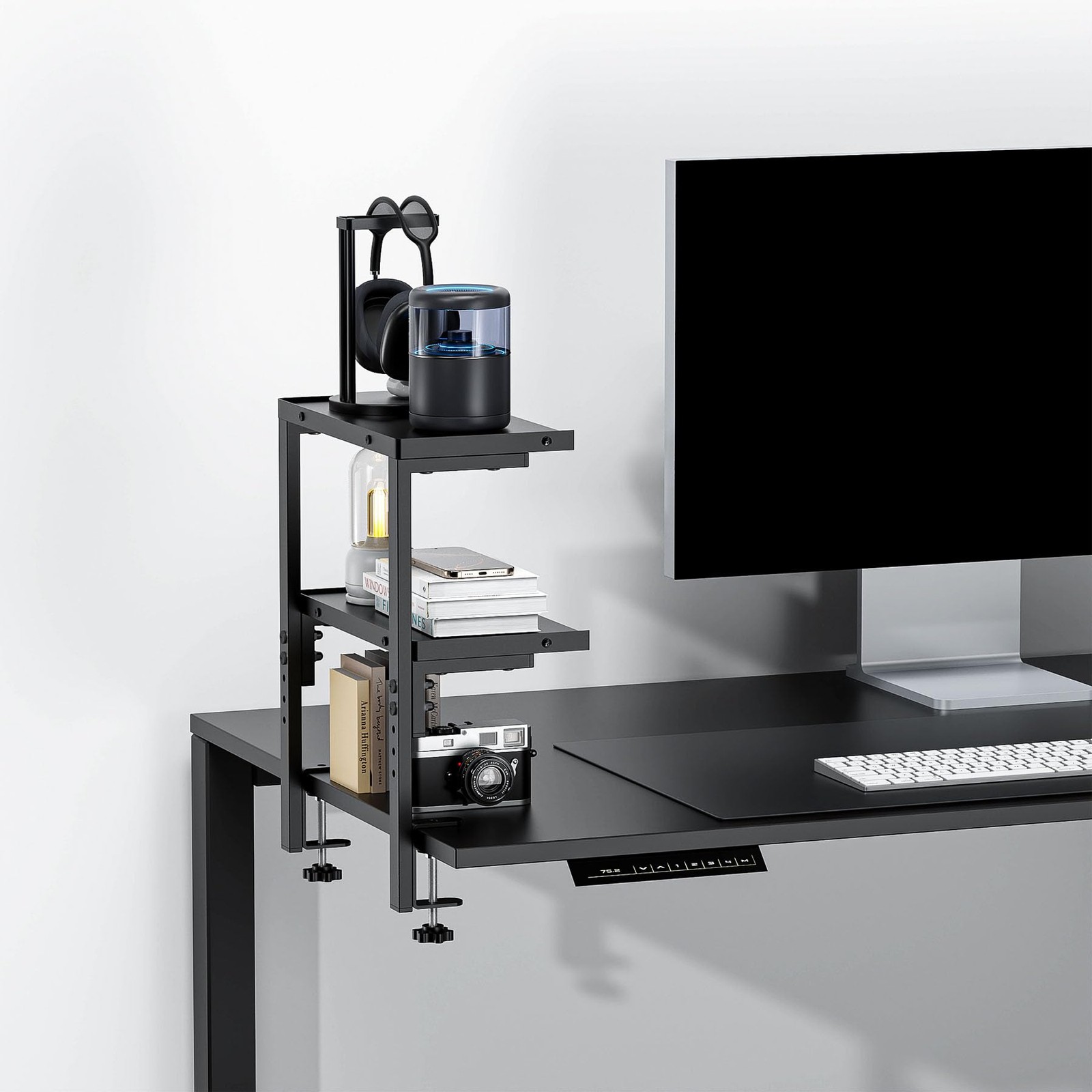 2 Tier Clamp on Desk Shelf Organizer Wood Desktop Supplies Storage Rack