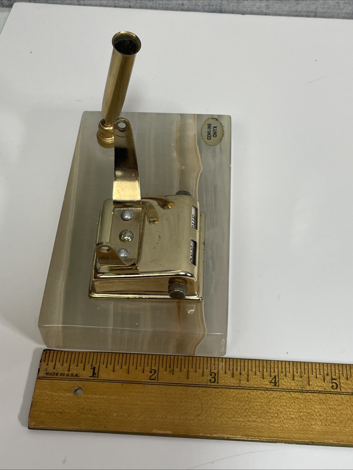 Vintage Genuine Onyx 5” Office Desk Brass Pen Calendar Holder Mid-Century Modern
