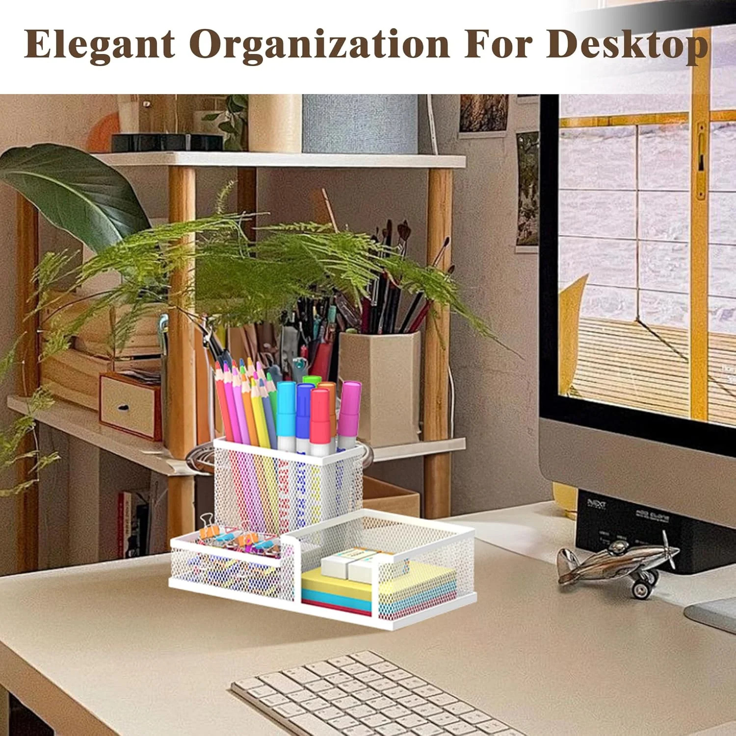 Pen Holder Desk Organizer, Office Supplies Pencil Holder with 3 Compartments,Des