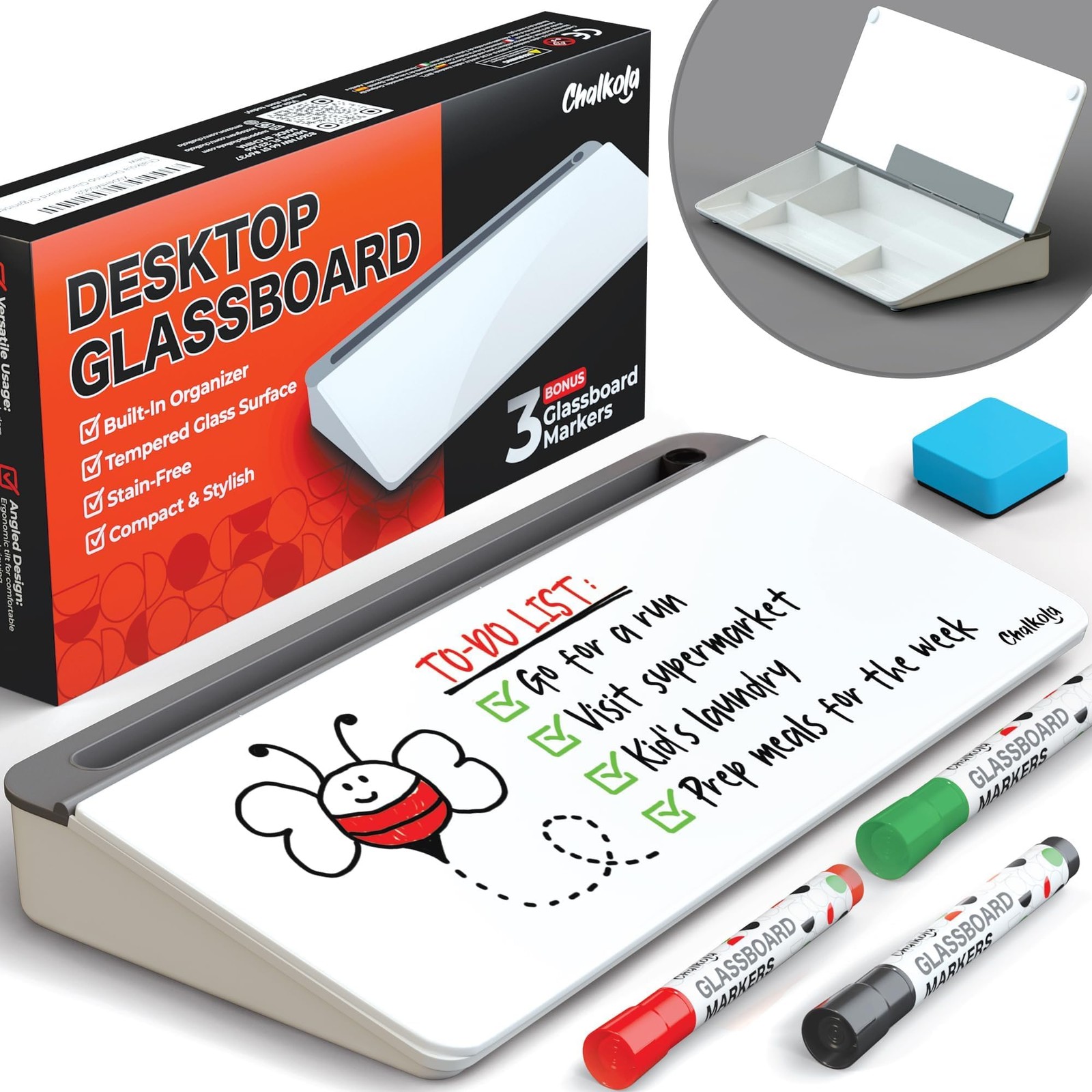 Chalkola Glass Desktop Whiteboard with Storage – Dry 16″ x 7″ x 2″, White