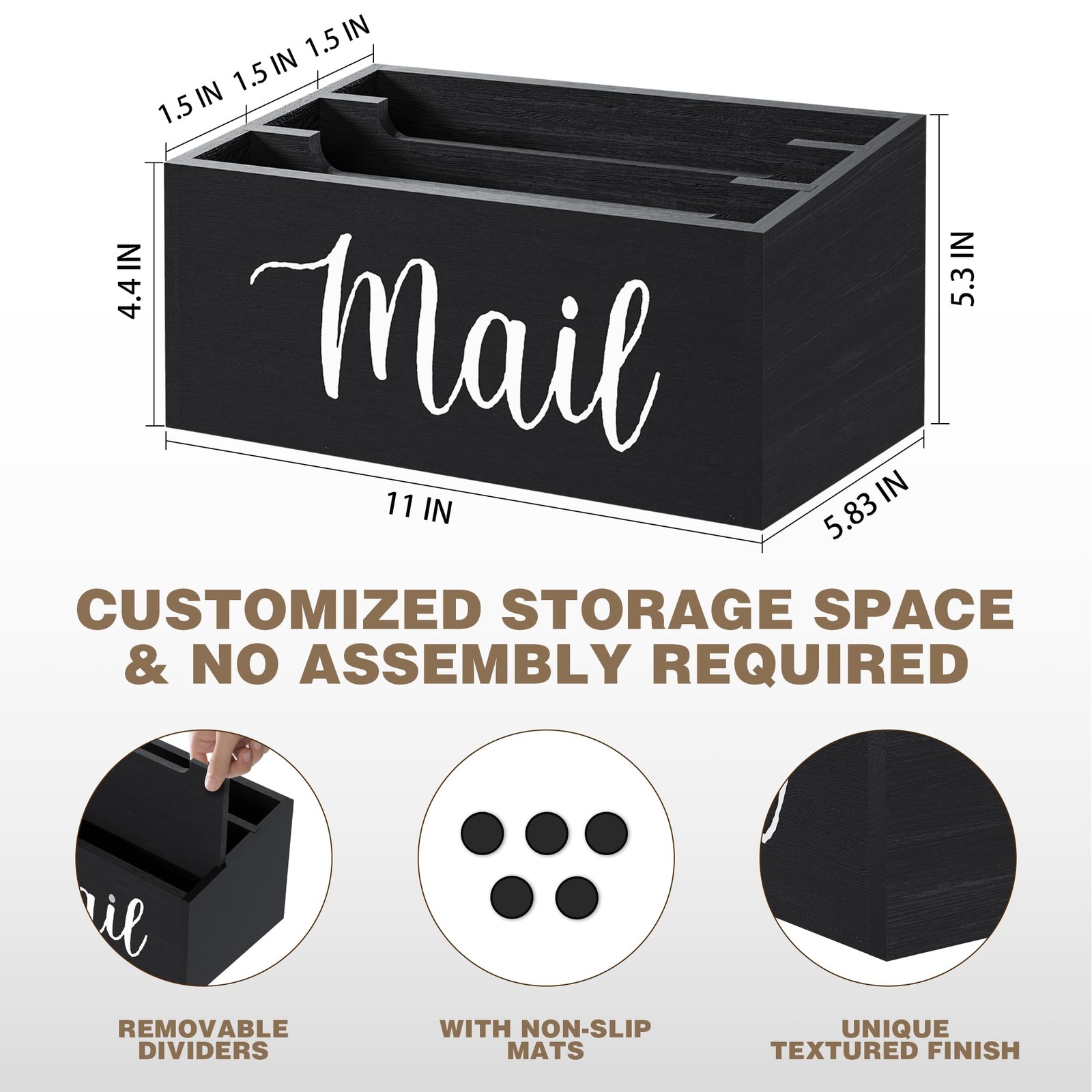 Mail Holder Countertop 3Slot Organizer Removable Divider Desktop Basket Black
