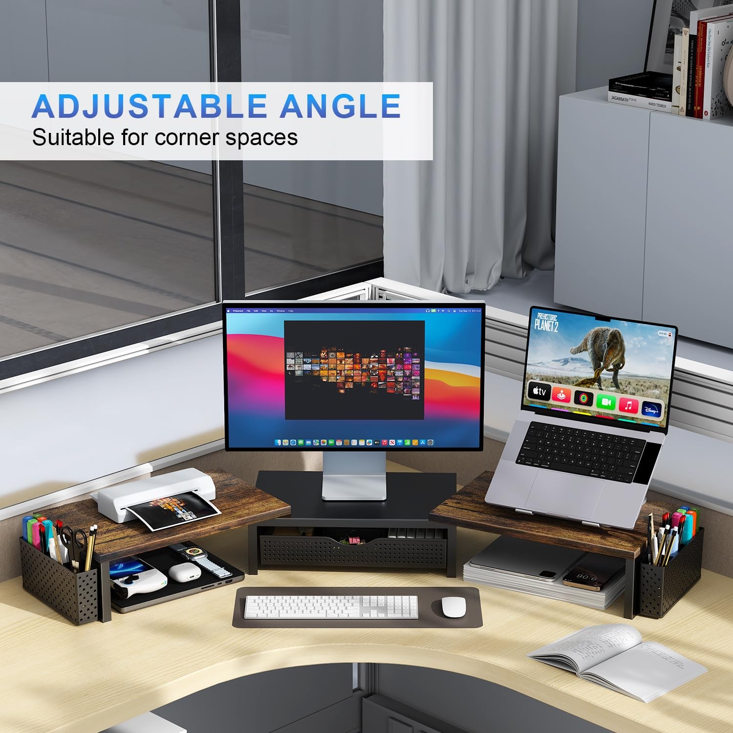 gianotter Dual Monitor Stand Riser, Desk Organizer With Drawer and 2 Pen Wood