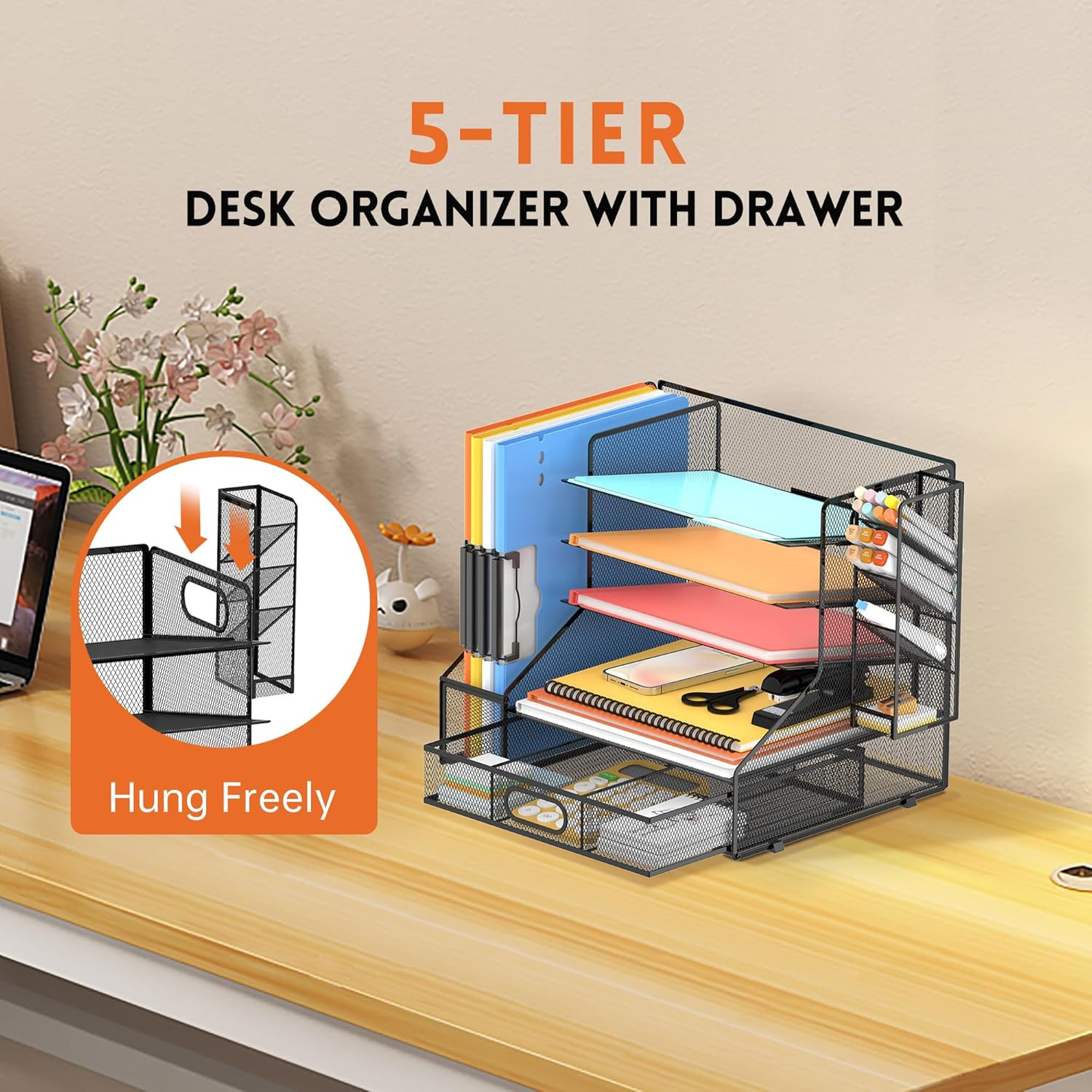 Mesh Desk Organizer, 5-Tier Paper Letter Tray with File Holder & Pen Holder & Sl