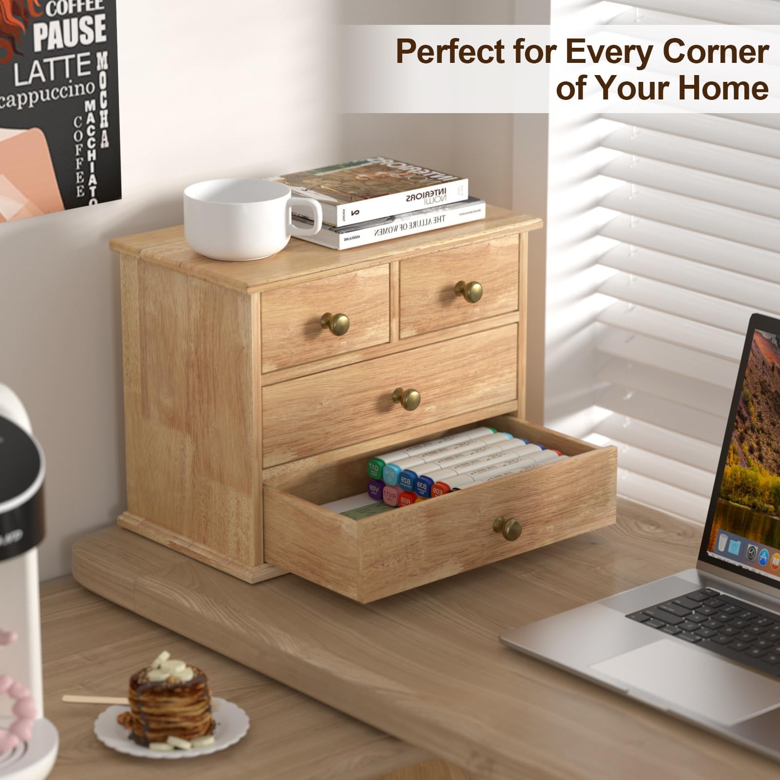 Oak Desk Organizer with Drawers, Wooden Desktop Storage Box with Metal Handle…