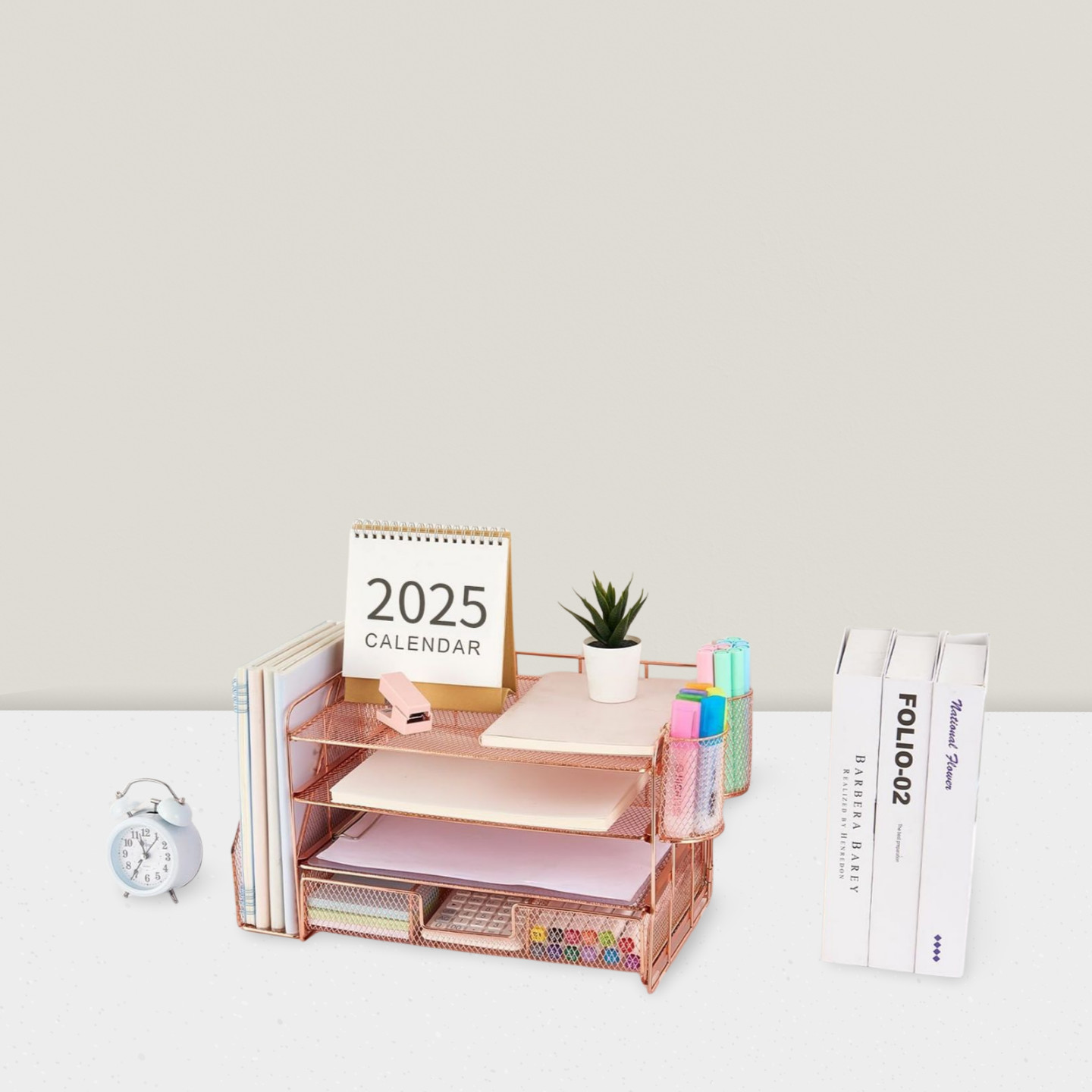 4-Tier Paper Letter Tray Organizer with File Holder Pen Holder Rose Gold