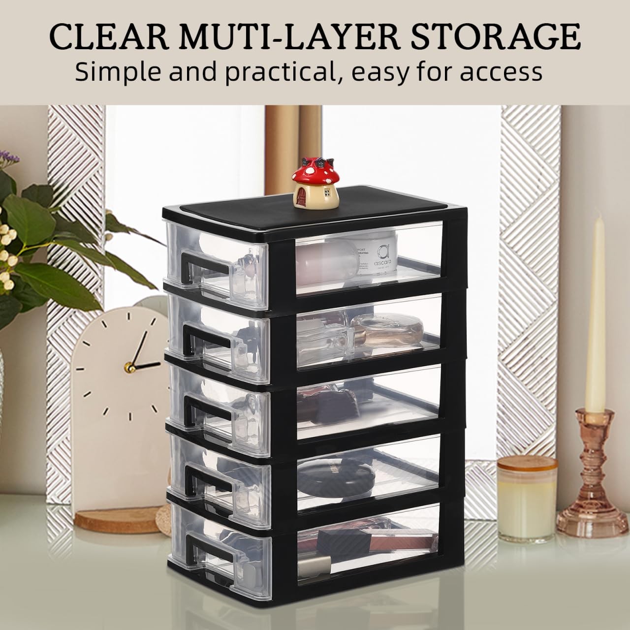 NOLITOY Multifunctional 5-Drawer Plastic Storage Cabinet Organizer Black