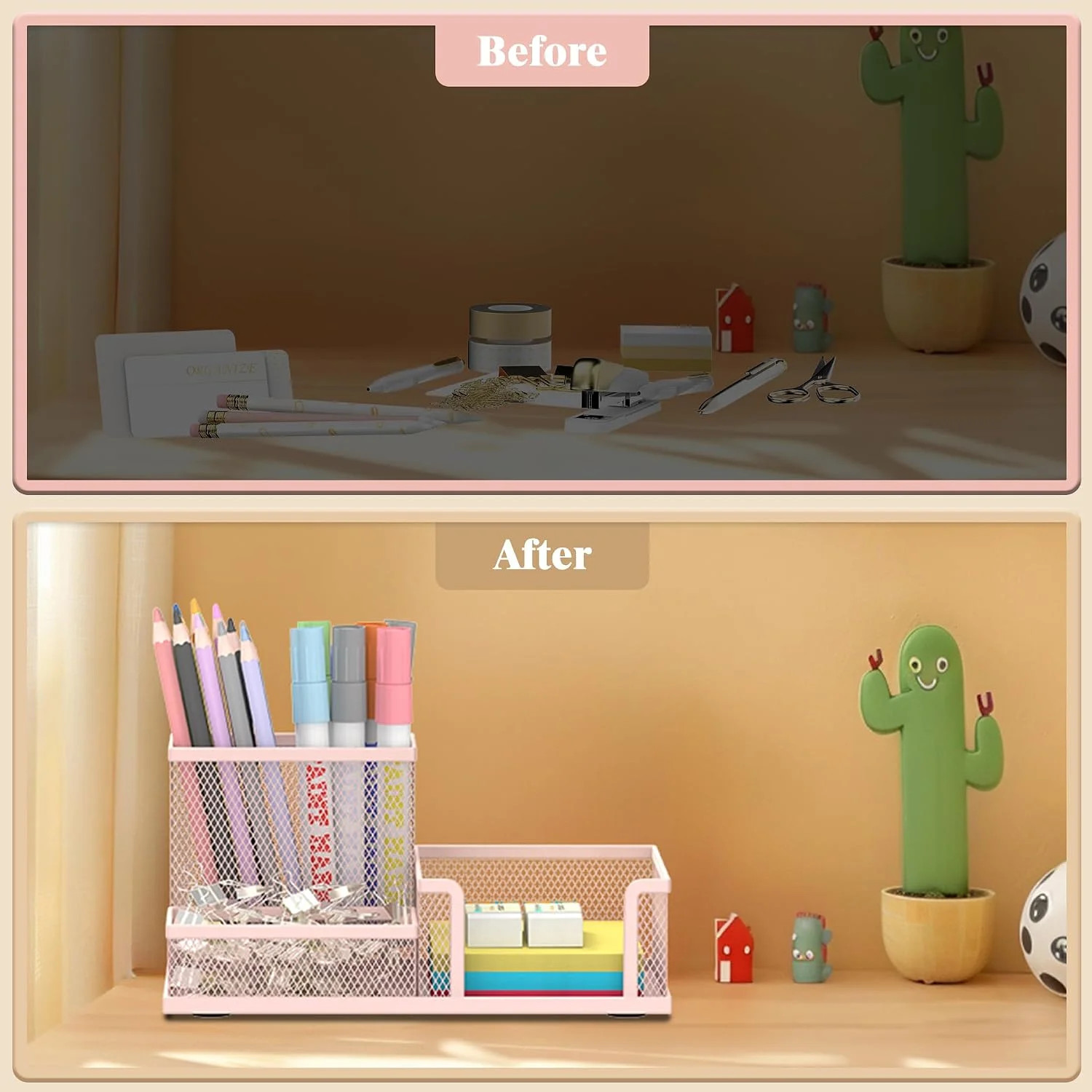 Mesh Pen Holder Desk Organizer, Office Supplies Pencil Storage with 3 Compartmen