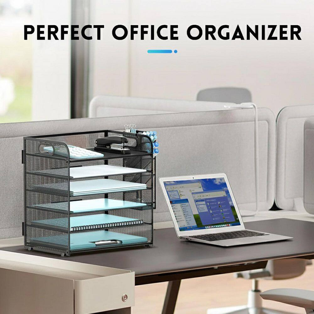1-Pack 6 Tier Black Mesh Desk Organizer with 4 Pen Holders and Handle, Letter Tr