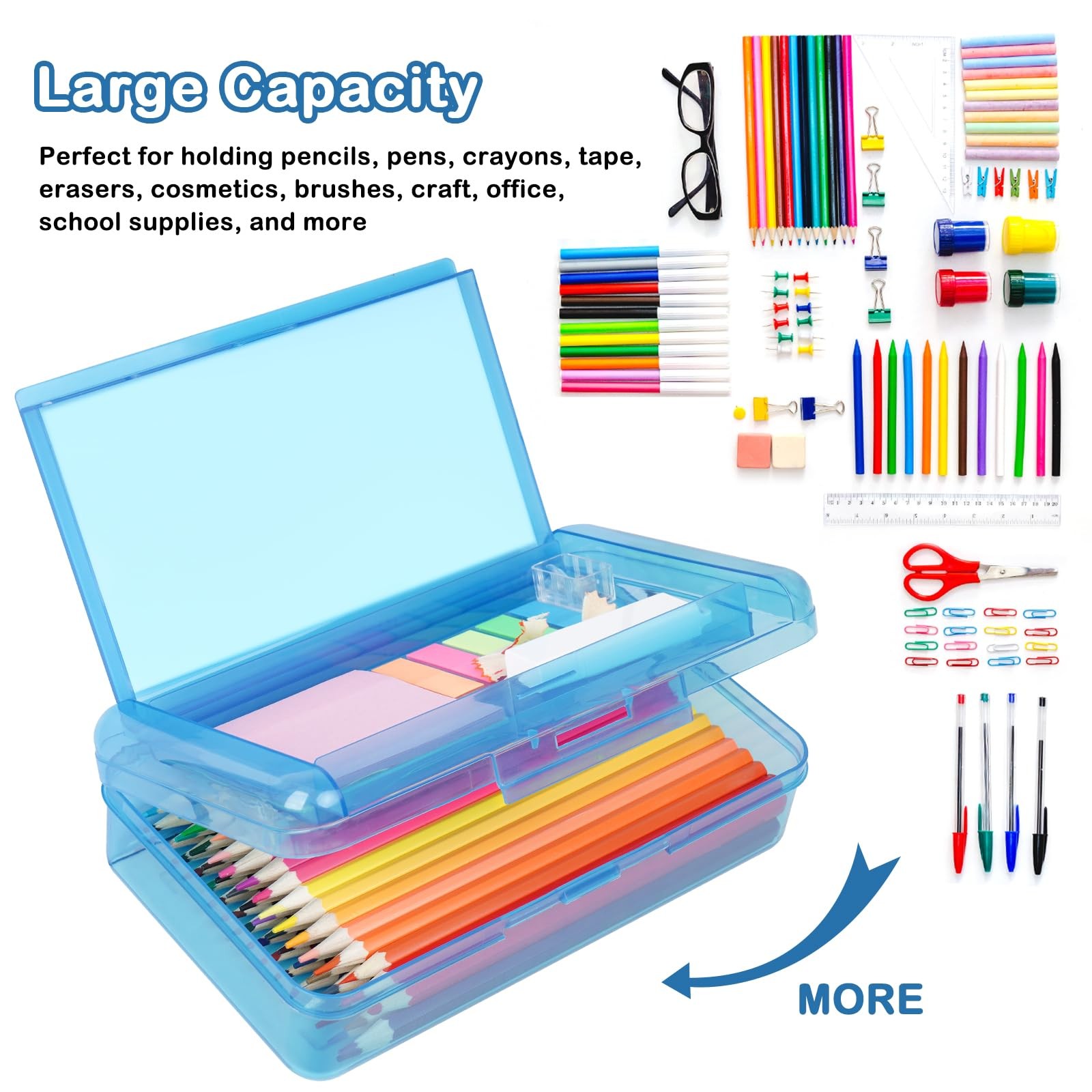 Plastic Pencil Box, Large Capacity Pencil Case, Pencil Boxes Double Layer Blue