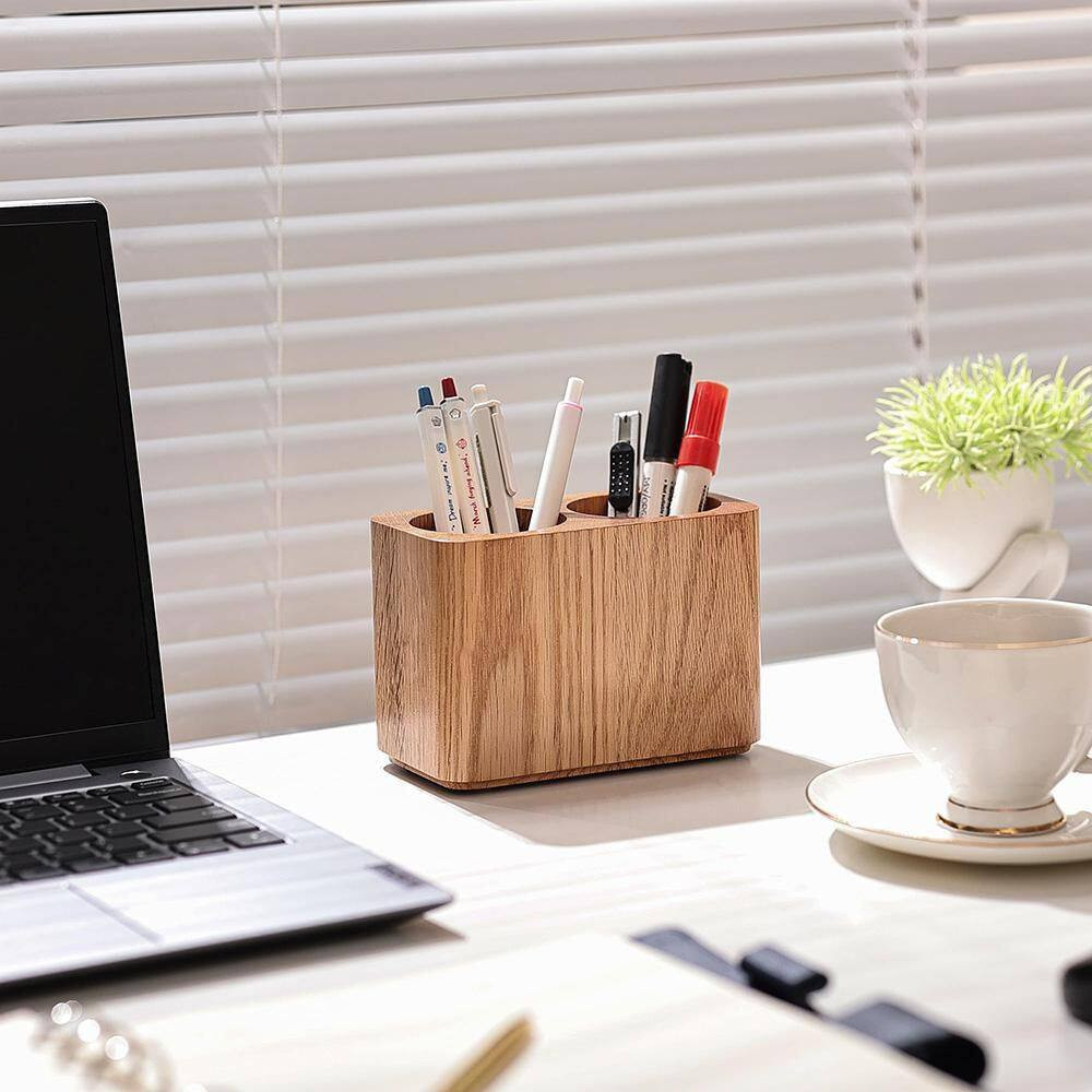 Oak Solid Wood Pen and Pencil Holder Desk Organizer Two Cup Stationery Storage f