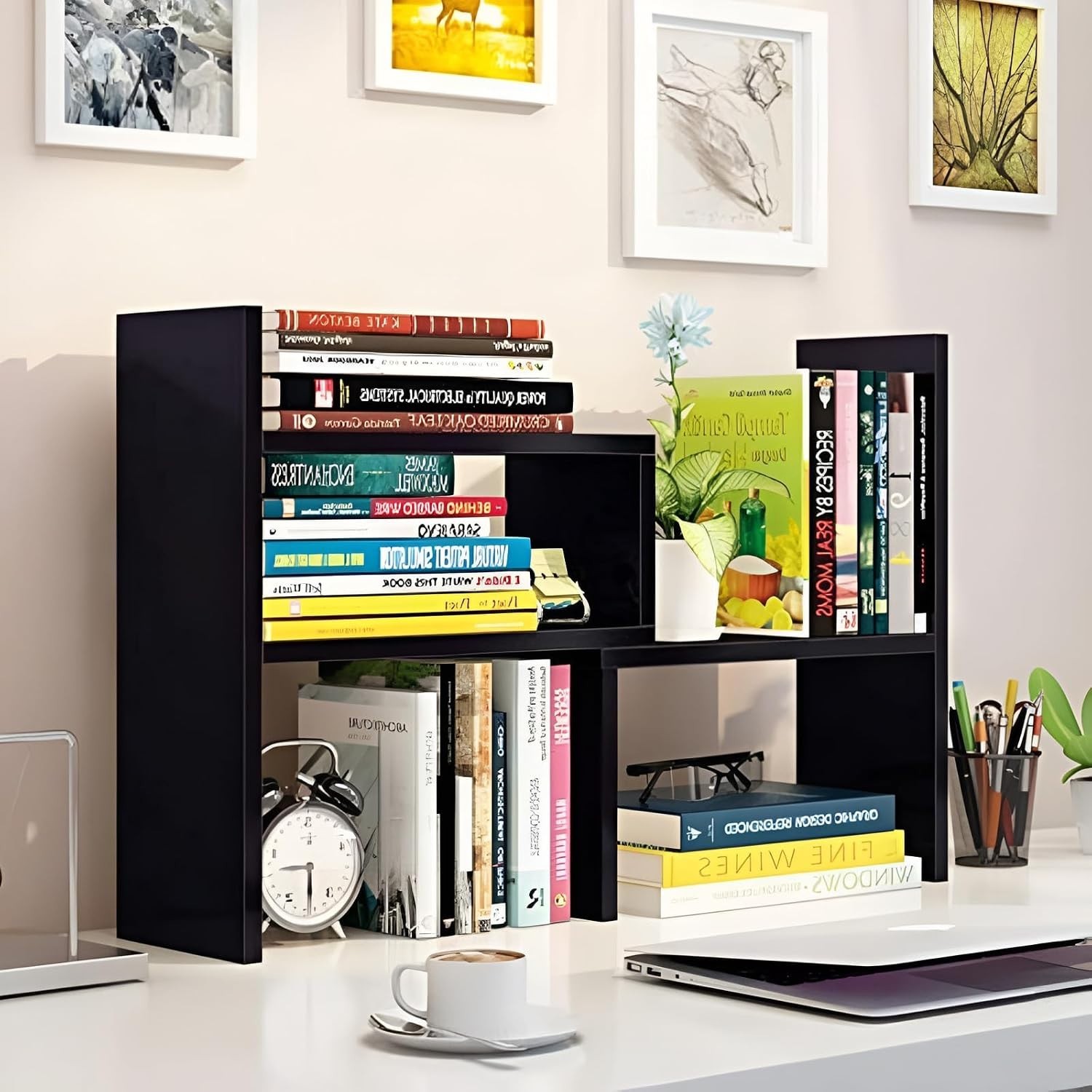 Adjustable Wood Desktop Organizer Shelf Rack for Office Home Black Walnut