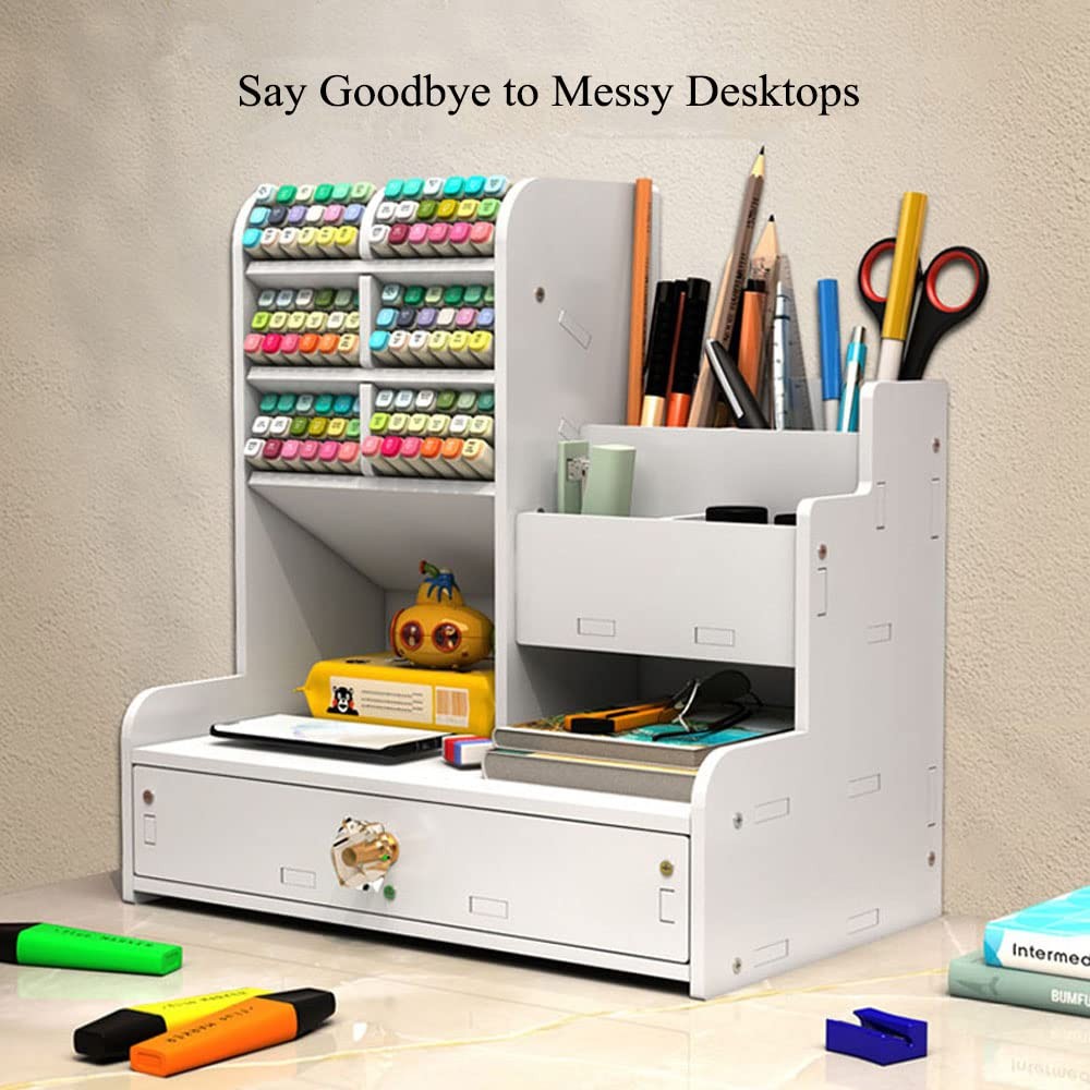 White Pen Organizer with Drawer DIY Pencil Holder Desk Tidy Caddy PB17