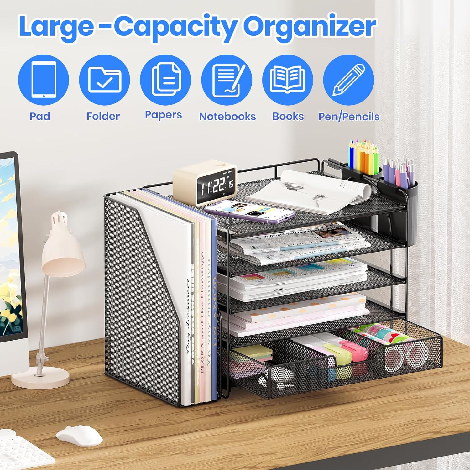 Desk Organizer, 5-Tier Paper File Organizer with Drawer & Pen Holder, Office Des