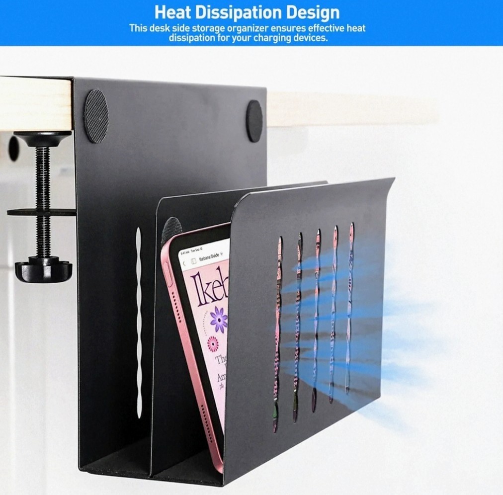 Desk Side Storage, Under Desk Laptop Mount, Clamp On Cable Magnet Tray, Black