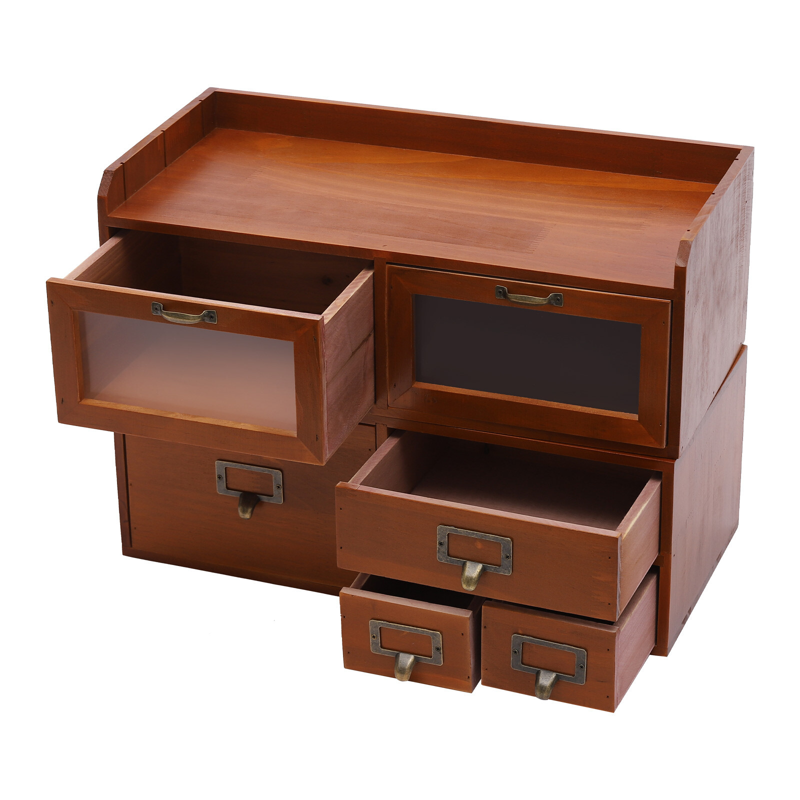 Retro Brown 6-Drawer Desktop Organizer Pine Wood Clear Acrylic Door